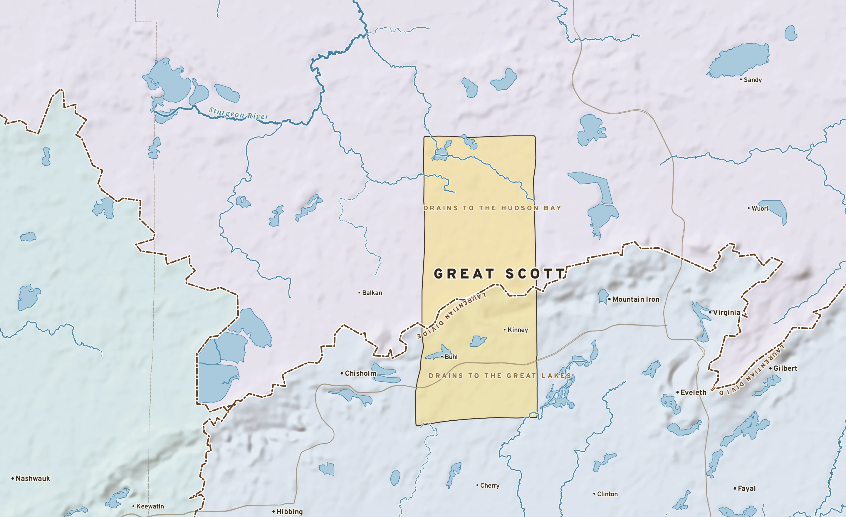 Shaded-relief atlas plate of Great Scott, Minnesota: rivers, roads, the city limits and where the water drains.