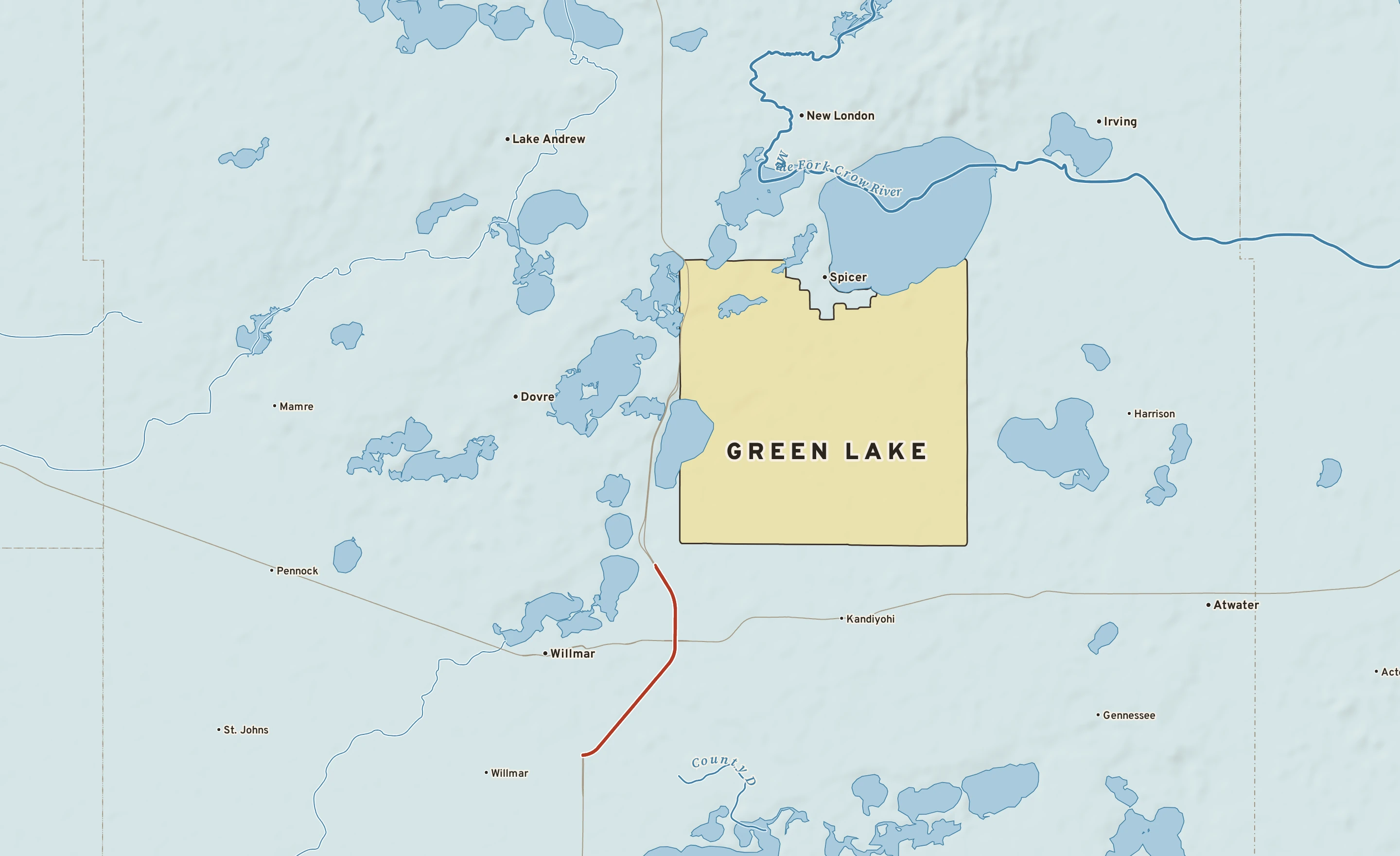 Shaded-relief atlas plate of Green Lake, Minnesota: rivers, roads, the city limits and where the water drains.