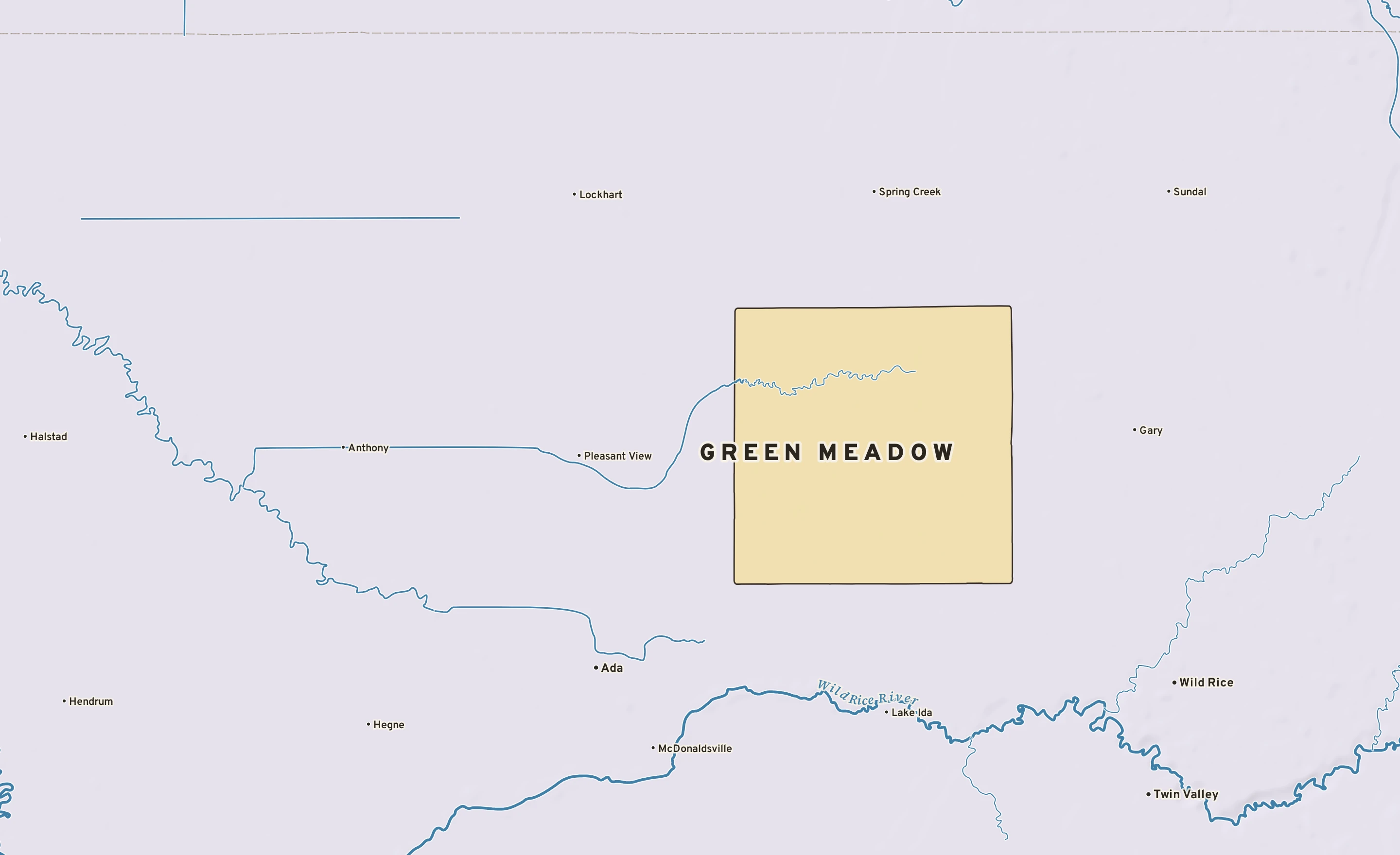 Shaded-relief atlas plate of Green Meadow, Minnesota: rivers, roads, the city limits and where the water drains.