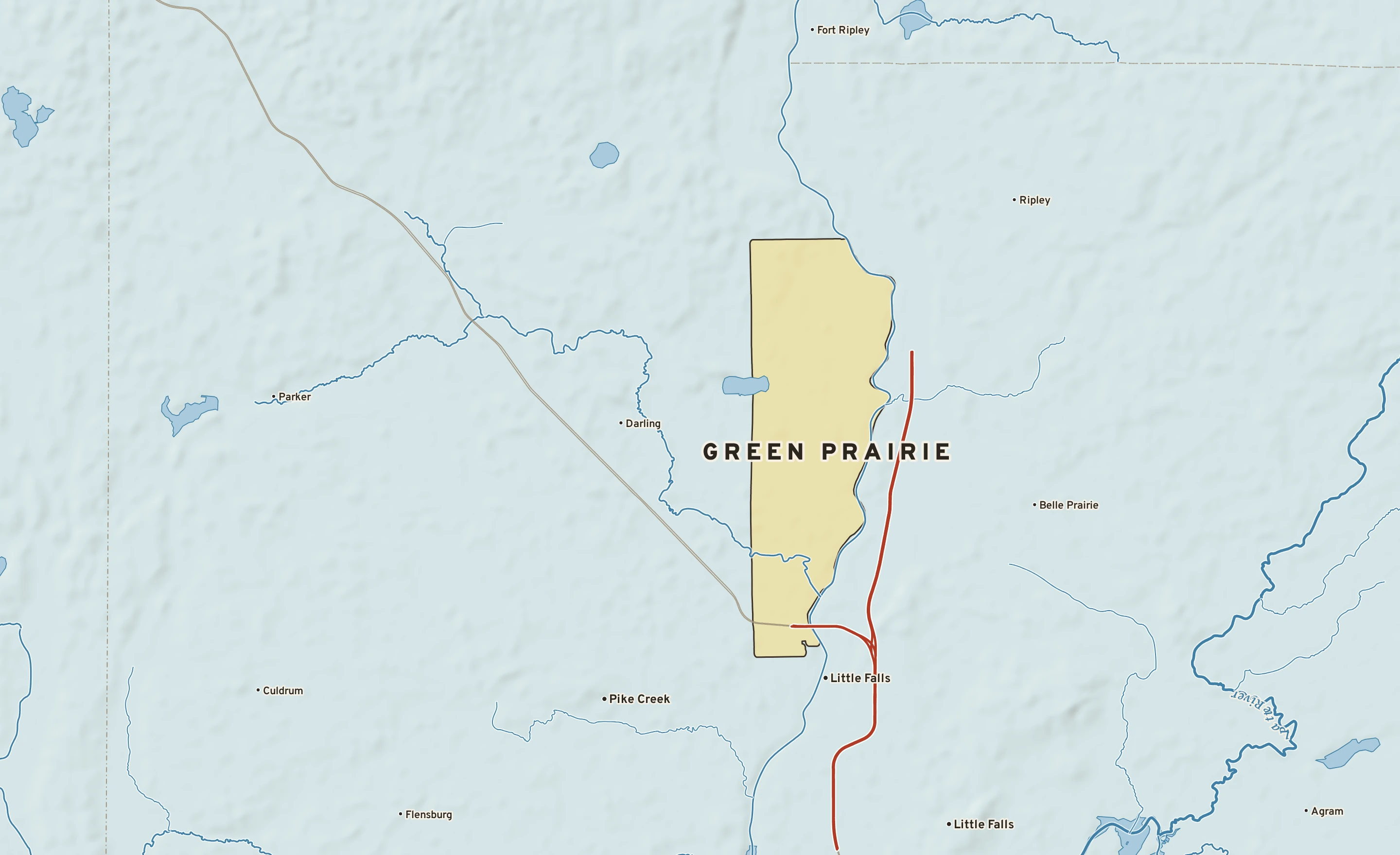 Shaded-relief atlas plate of Green Prairie, Minnesota: rivers, roads, the city limits and where the water drains.