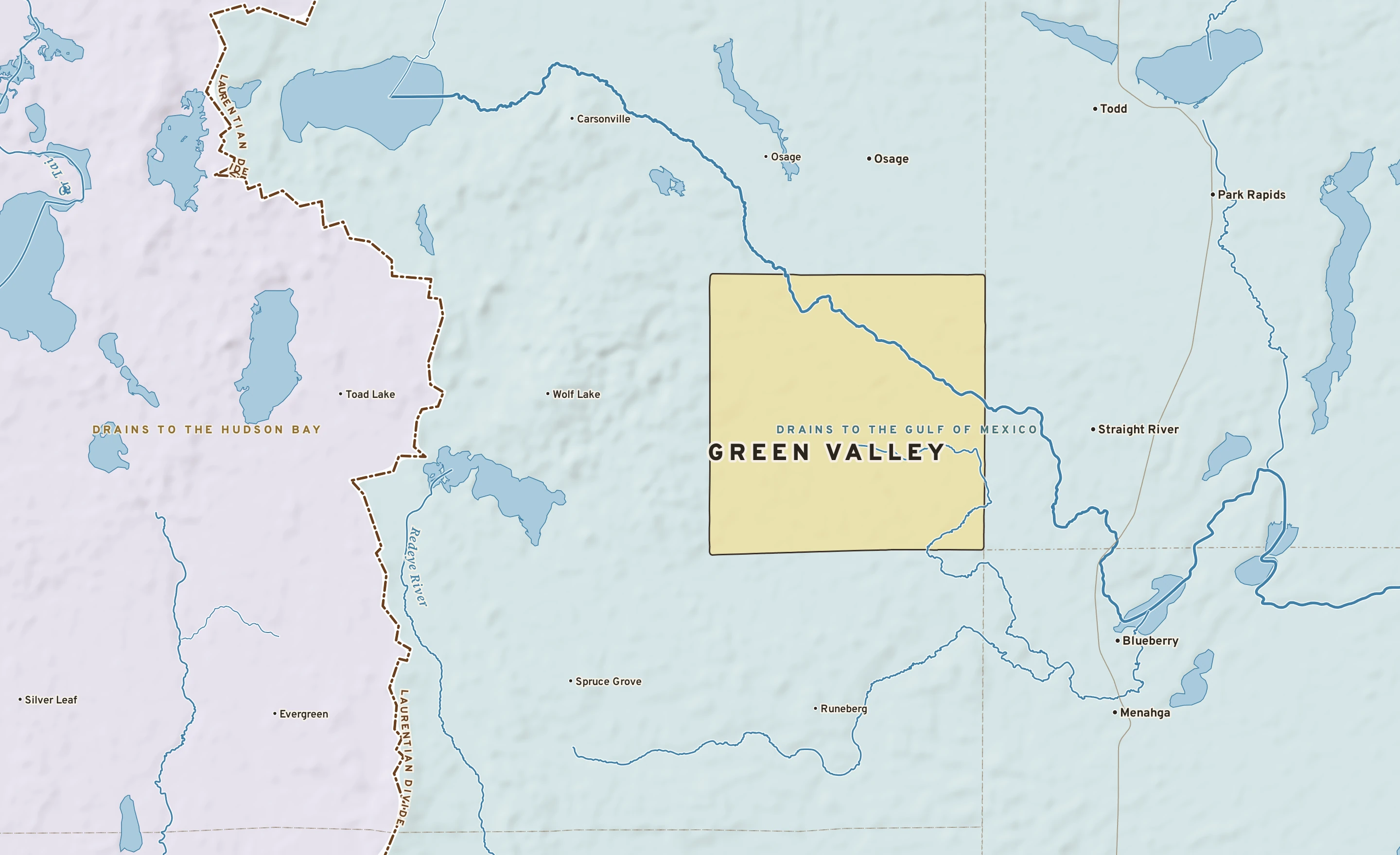 Shaded-relief atlas plate of Green Valley, Minnesota: rivers, roads, the city limits and where the water drains.