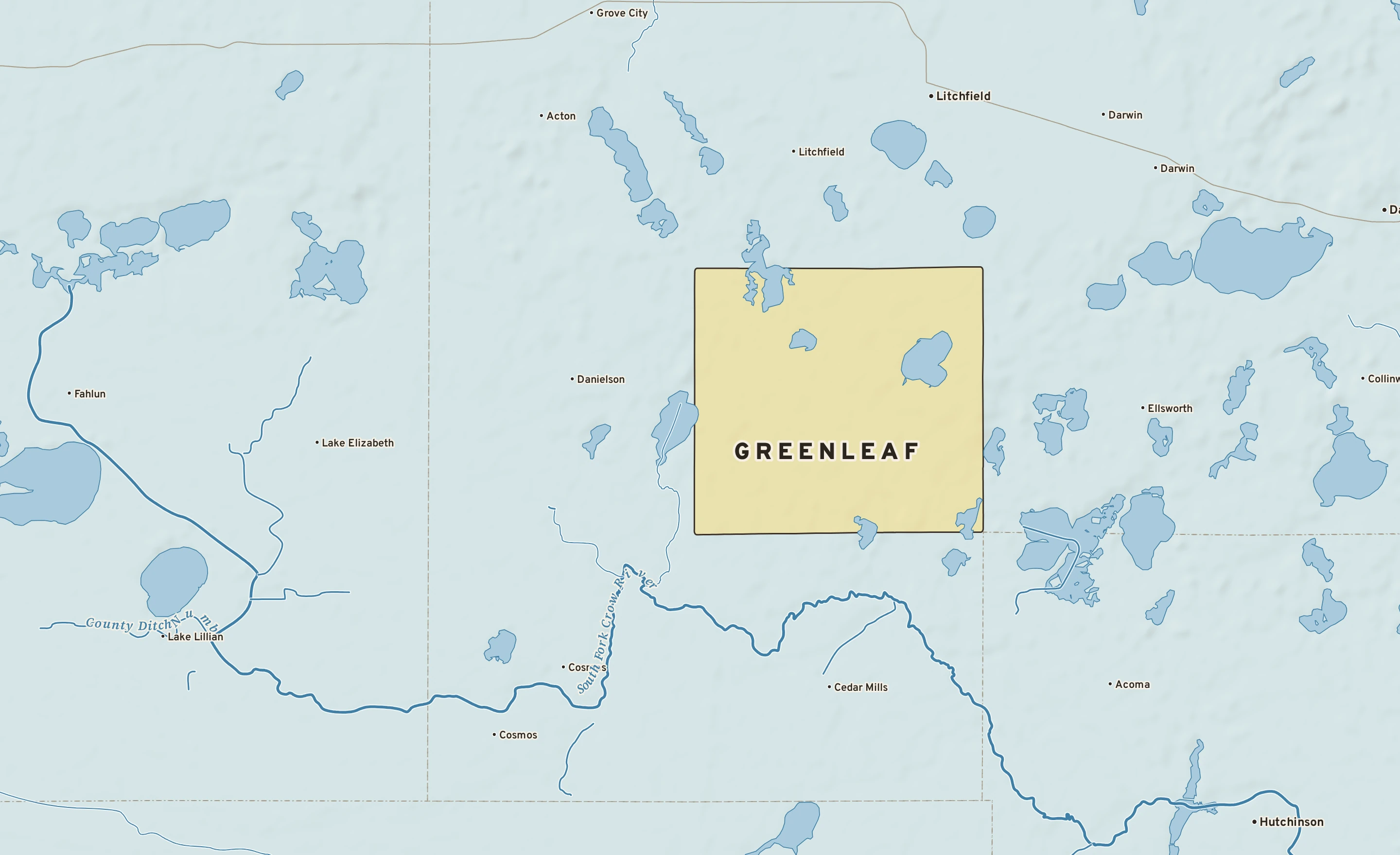 Shaded-relief atlas plate of Greenleaf, Minnesota: rivers, roads, the city limits and where the water drains.