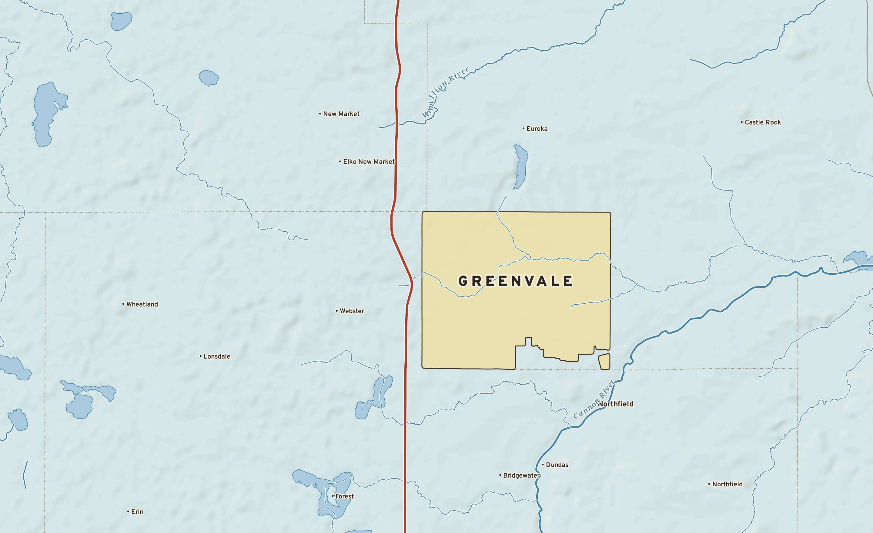 Shaded-relief atlas plate of Greenvale, Minnesota: rivers, roads, the city limits and where the water drains.