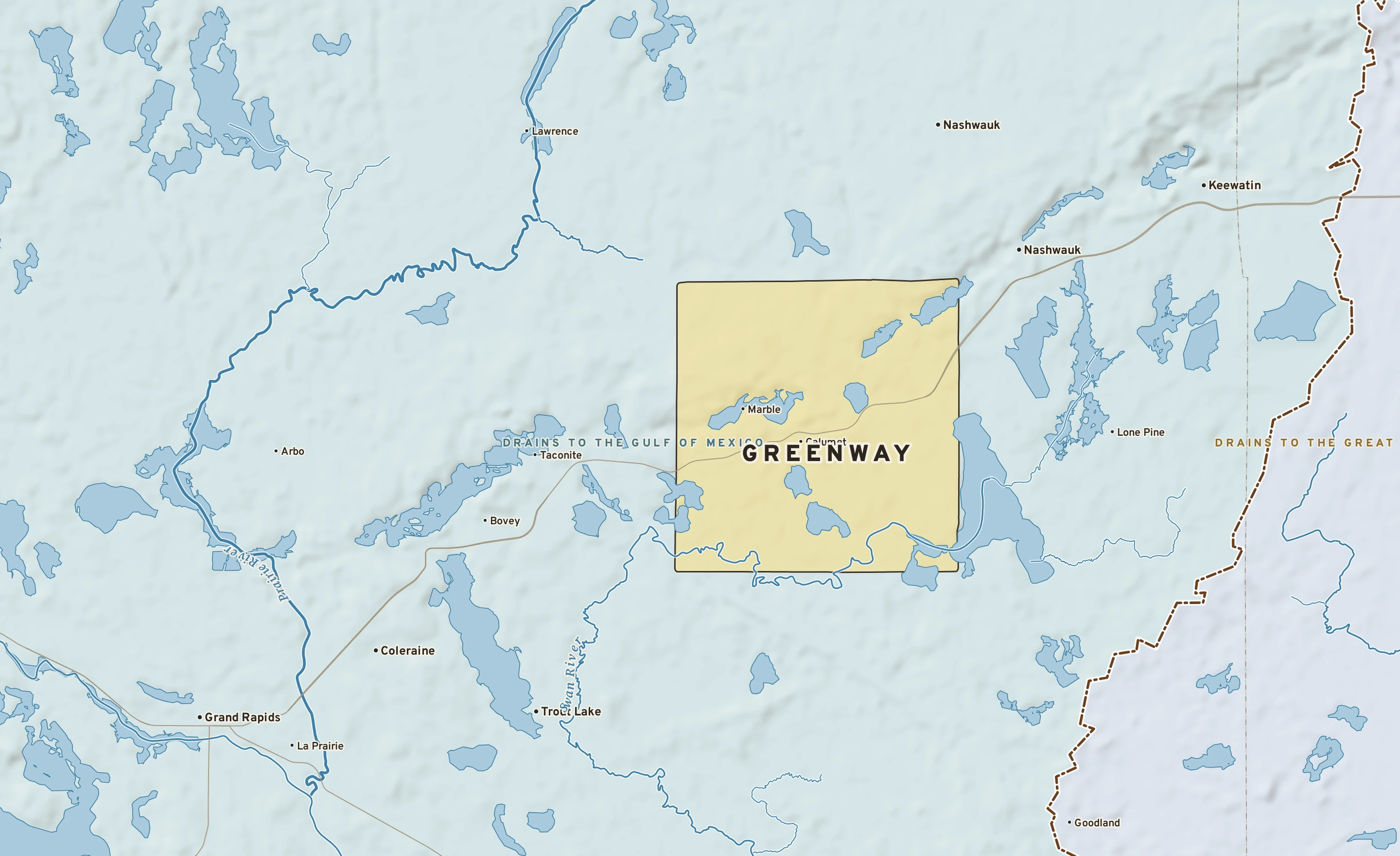 Shaded-relief atlas plate of Greenway, Minnesota: rivers, roads, the city limits and where the water drains.