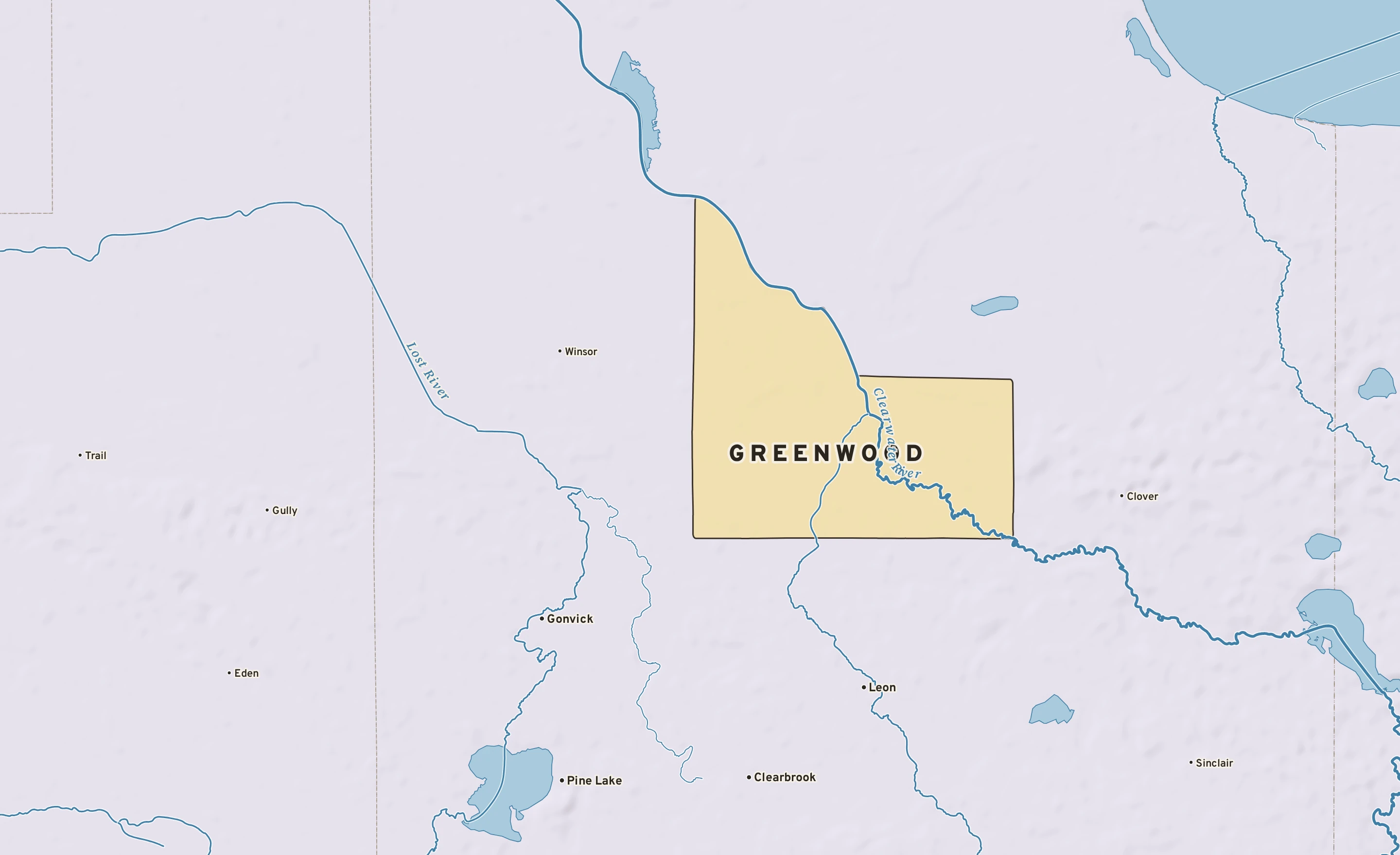Shaded-relief atlas plate of Greenwood, Minnesota: rivers, roads, the city limits and where the water drains.
