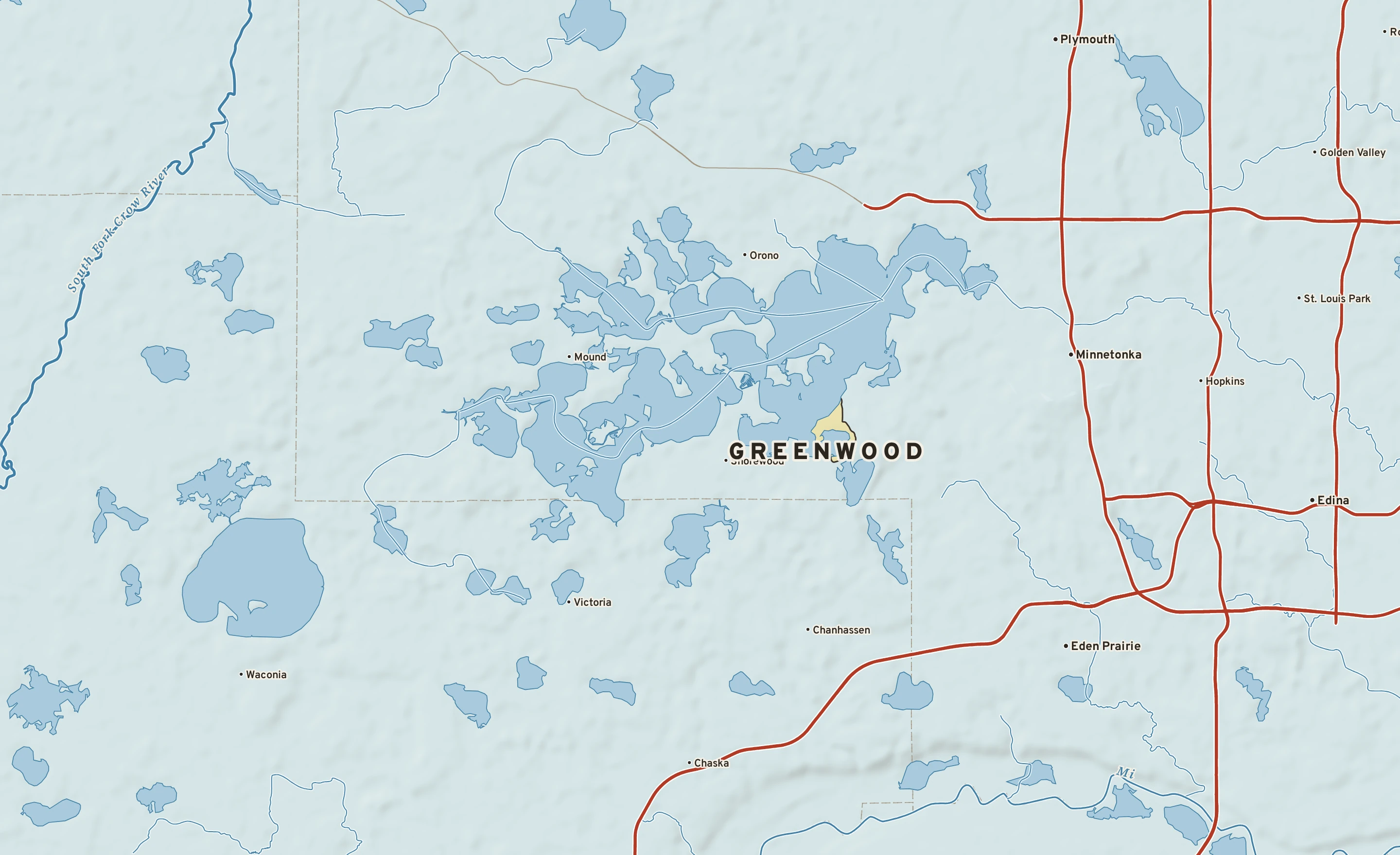 Shaded-relief atlas plate of Greenwood, Minnesota: rivers, roads, the city limits and where the water drains.