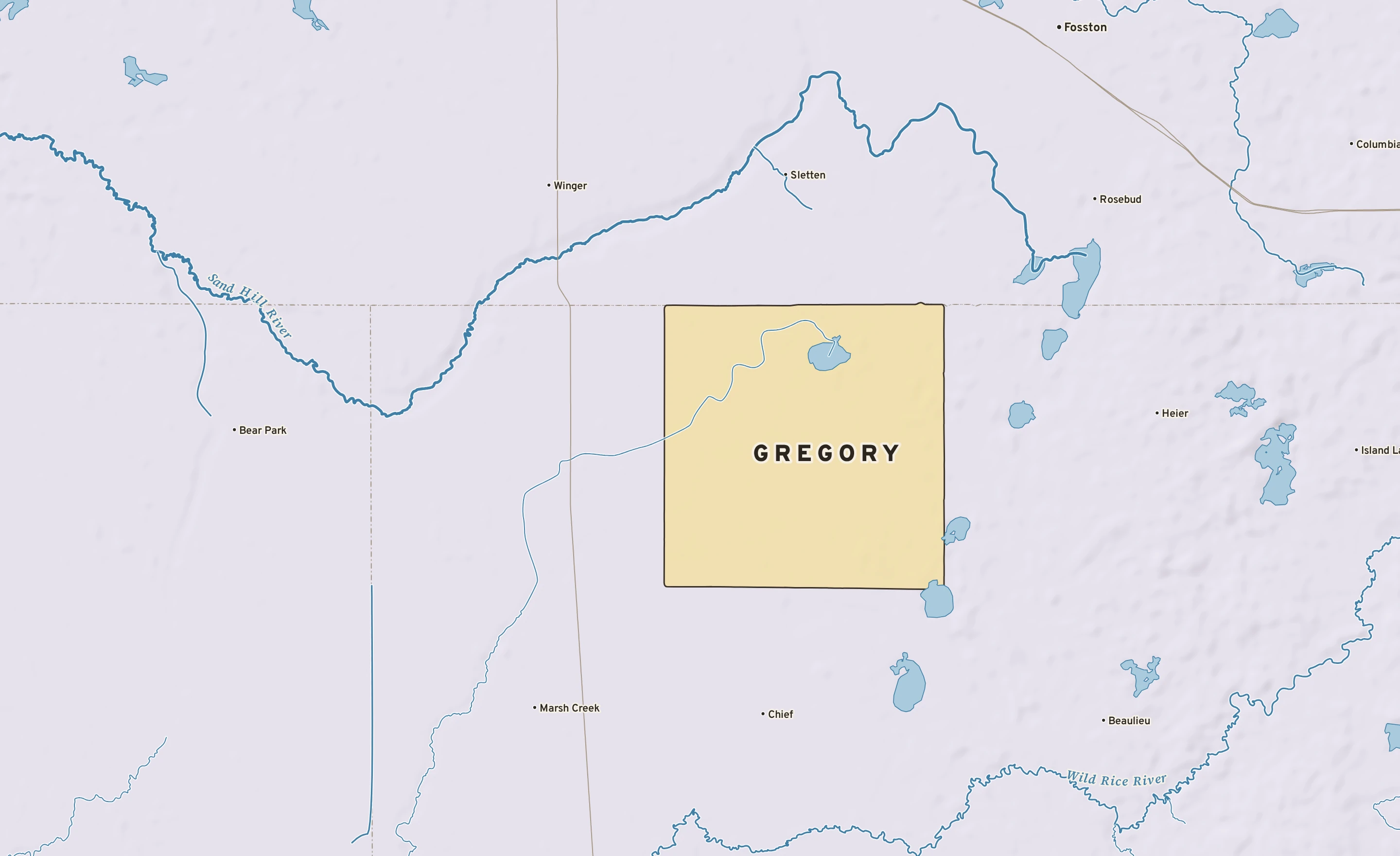 Shaded-relief atlas plate of Gregory, Minnesota: rivers, roads, the city limits and where the water drains.