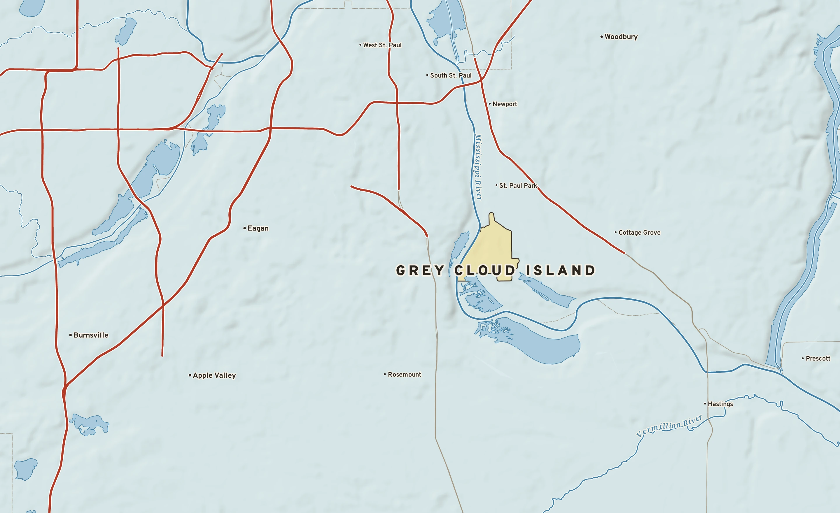 Shaded-relief atlas plate of Grey Cloud Island, Minnesota: rivers, roads, the city limits and where the water drains.