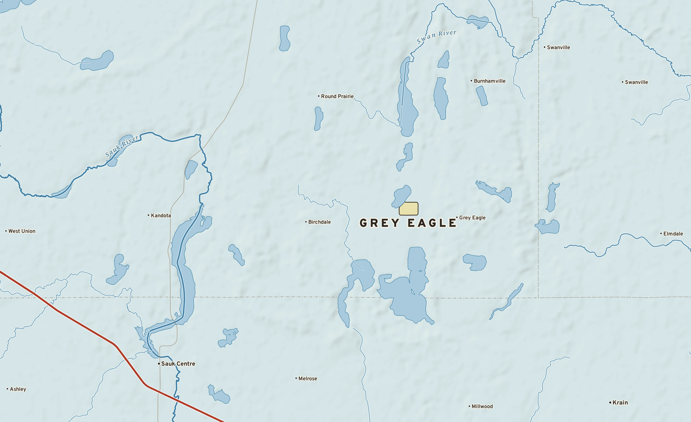 Shaded-relief atlas plate of Grey Eagle, Minnesota: rivers, roads, the city limits and where the water drains.