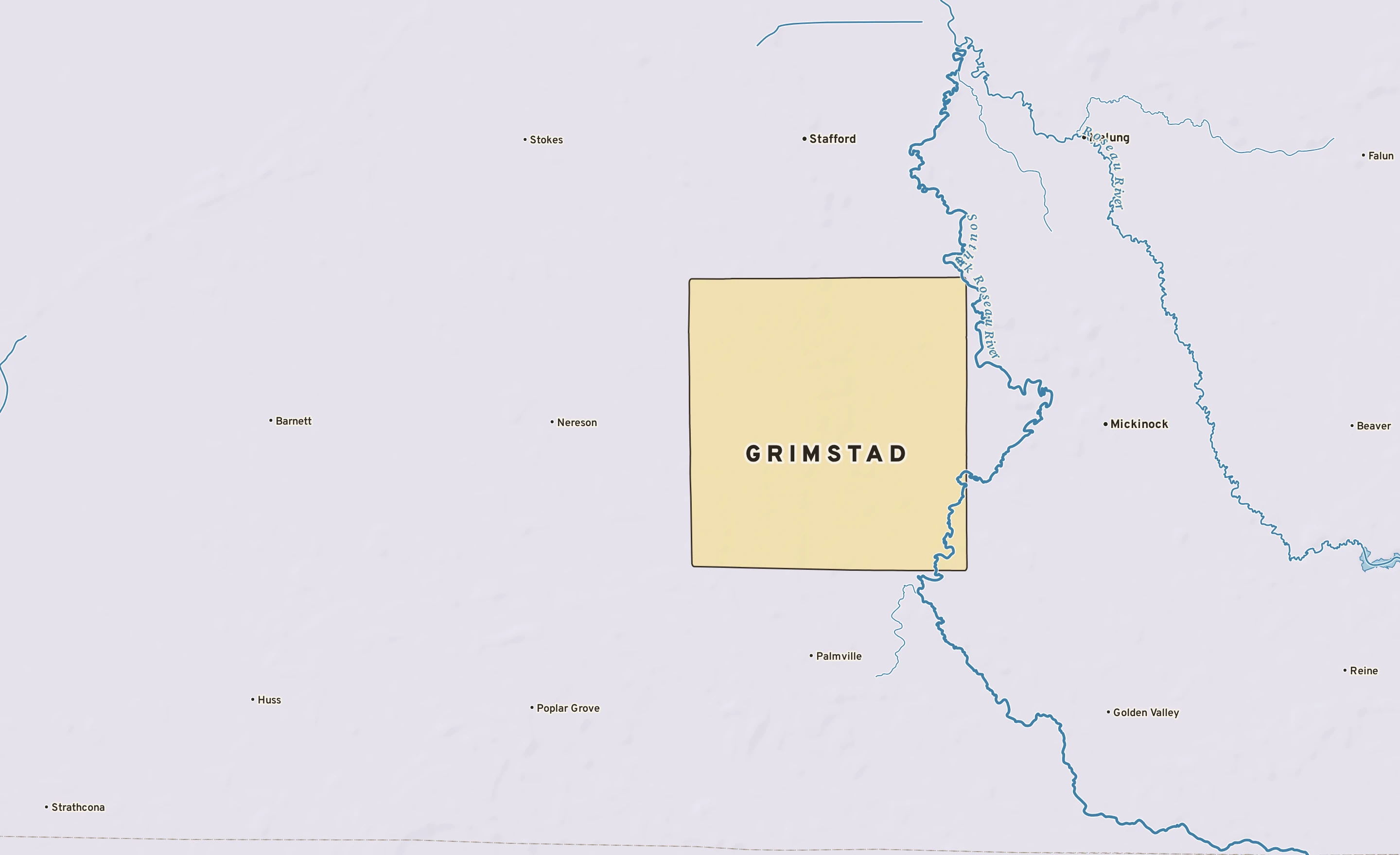 Shaded-relief atlas plate of Grimstad, Minnesota: rivers, roads, the city limits and where the water drains.
