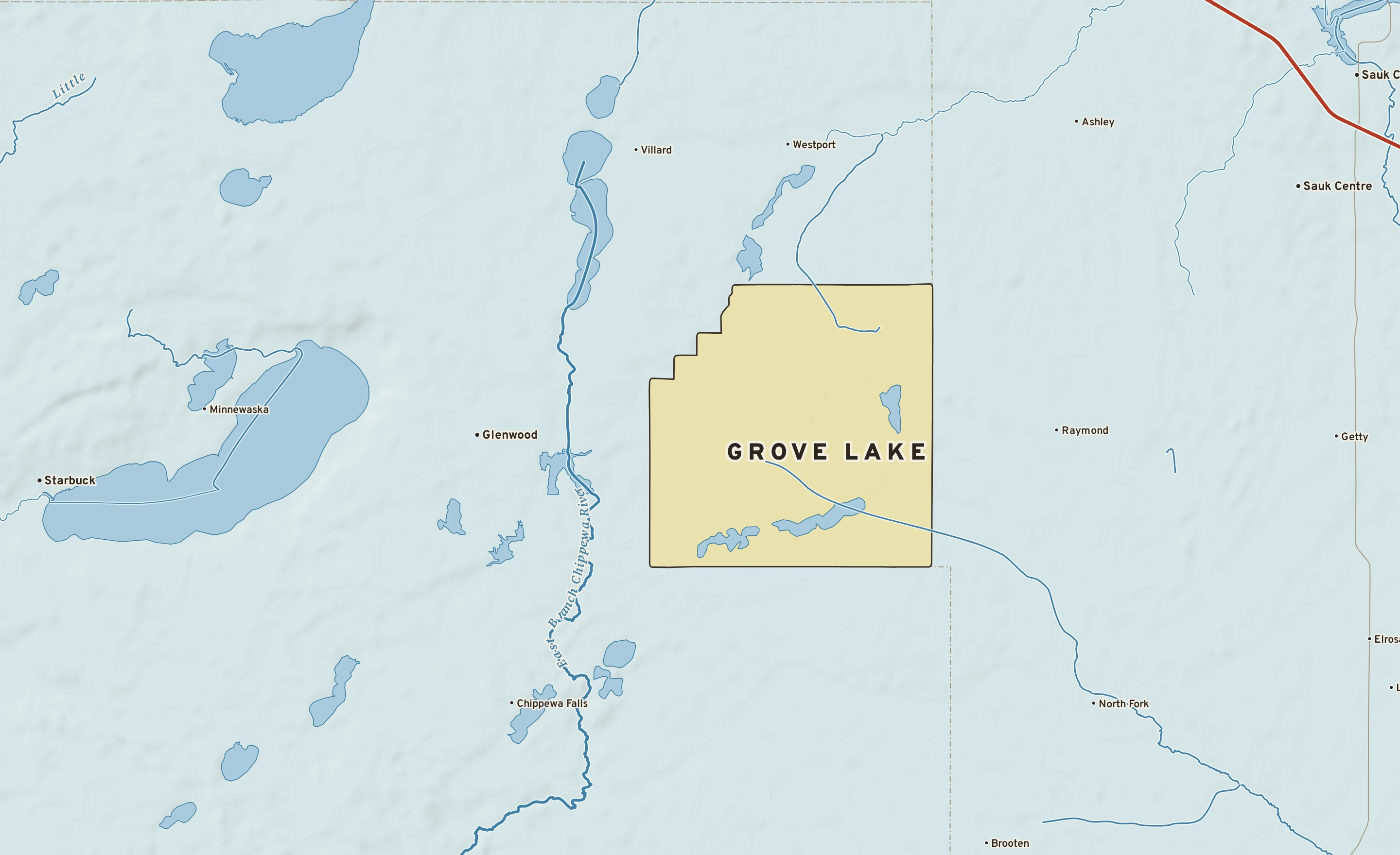 Shaded-relief atlas plate of Grove Lake, Minnesota: rivers, roads, the city limits and where the water drains.