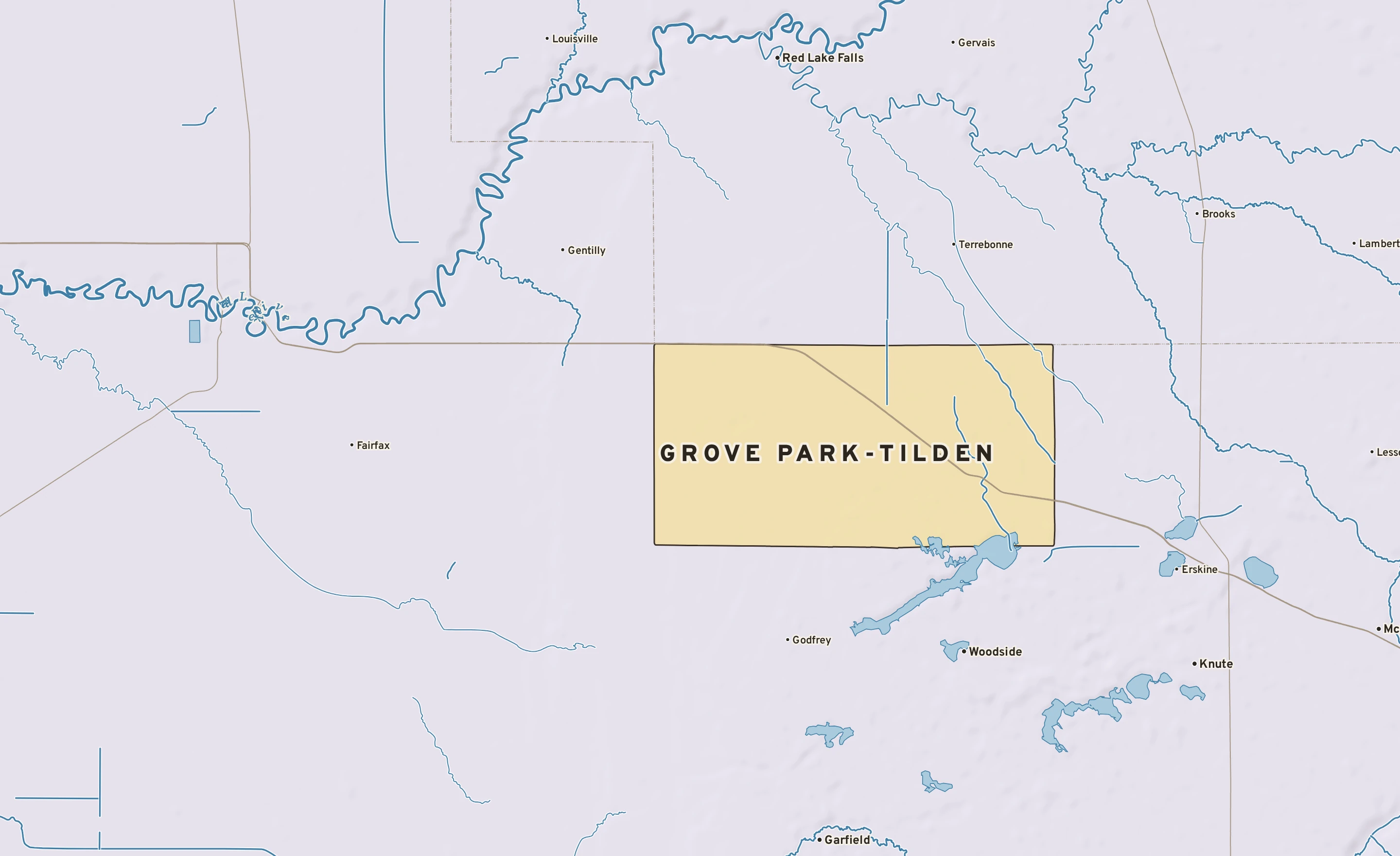 Shaded-relief atlas plate of Grove Park-Tilden, Minnesota: rivers, roads, the city limits and where the water drains.