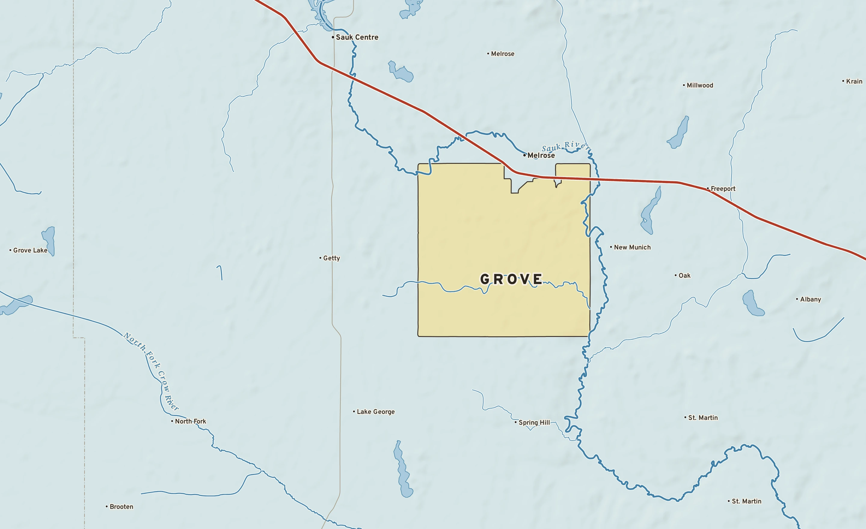Shaded-relief atlas plate of Grove, Minnesota: rivers, roads, the city limits and where the water drains.