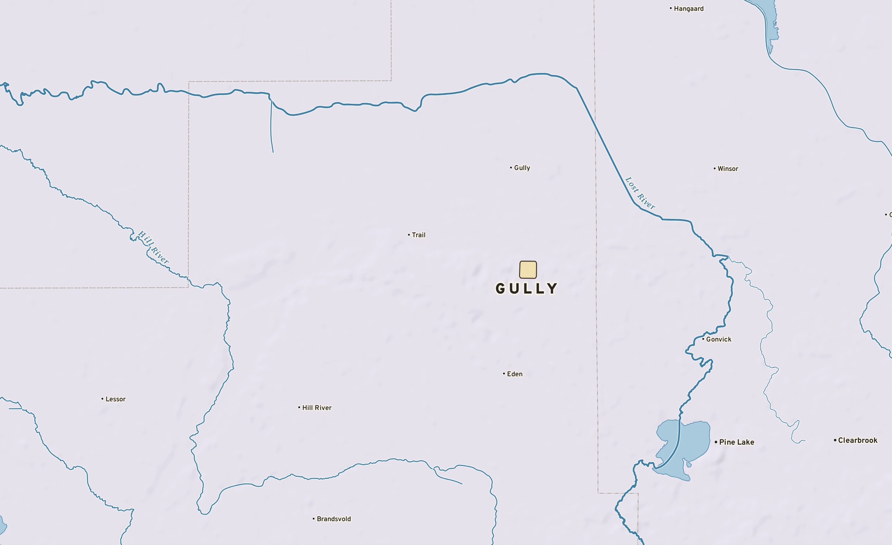 Shaded-relief atlas plate of Gully, Minnesota: rivers, roads, the city limits and where the water drains.