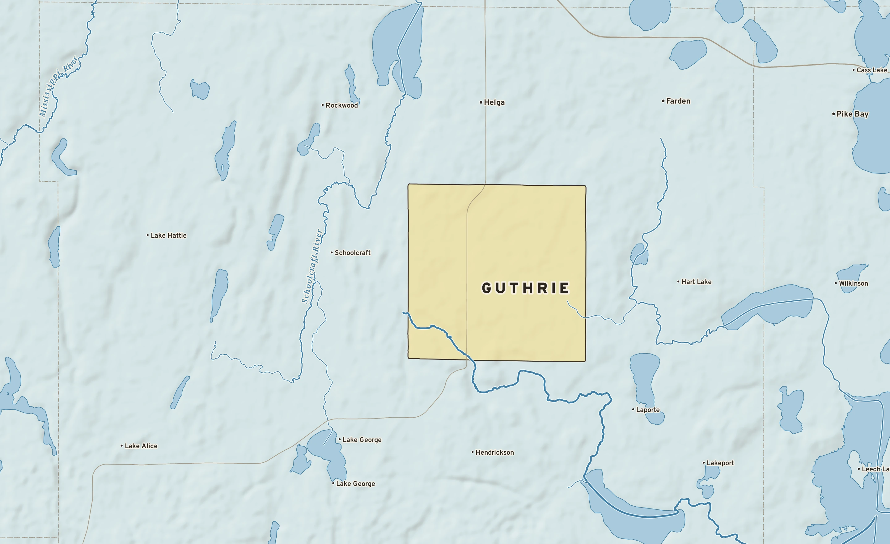 Shaded-relief atlas plate of Guthrie, Minnesota: rivers, roads, the city limits and where the water drains.