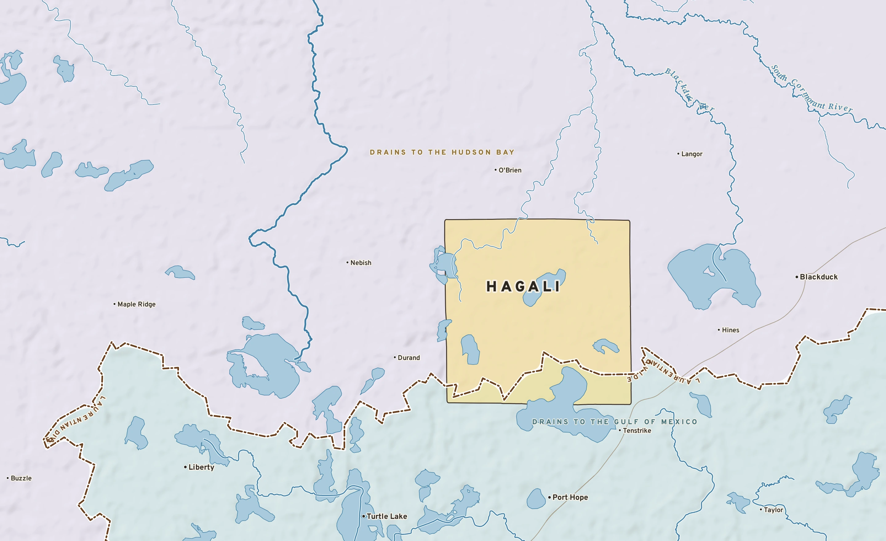 Shaded-relief atlas plate of Hagali, Minnesota: rivers, roads, the city limits and where the water drains.