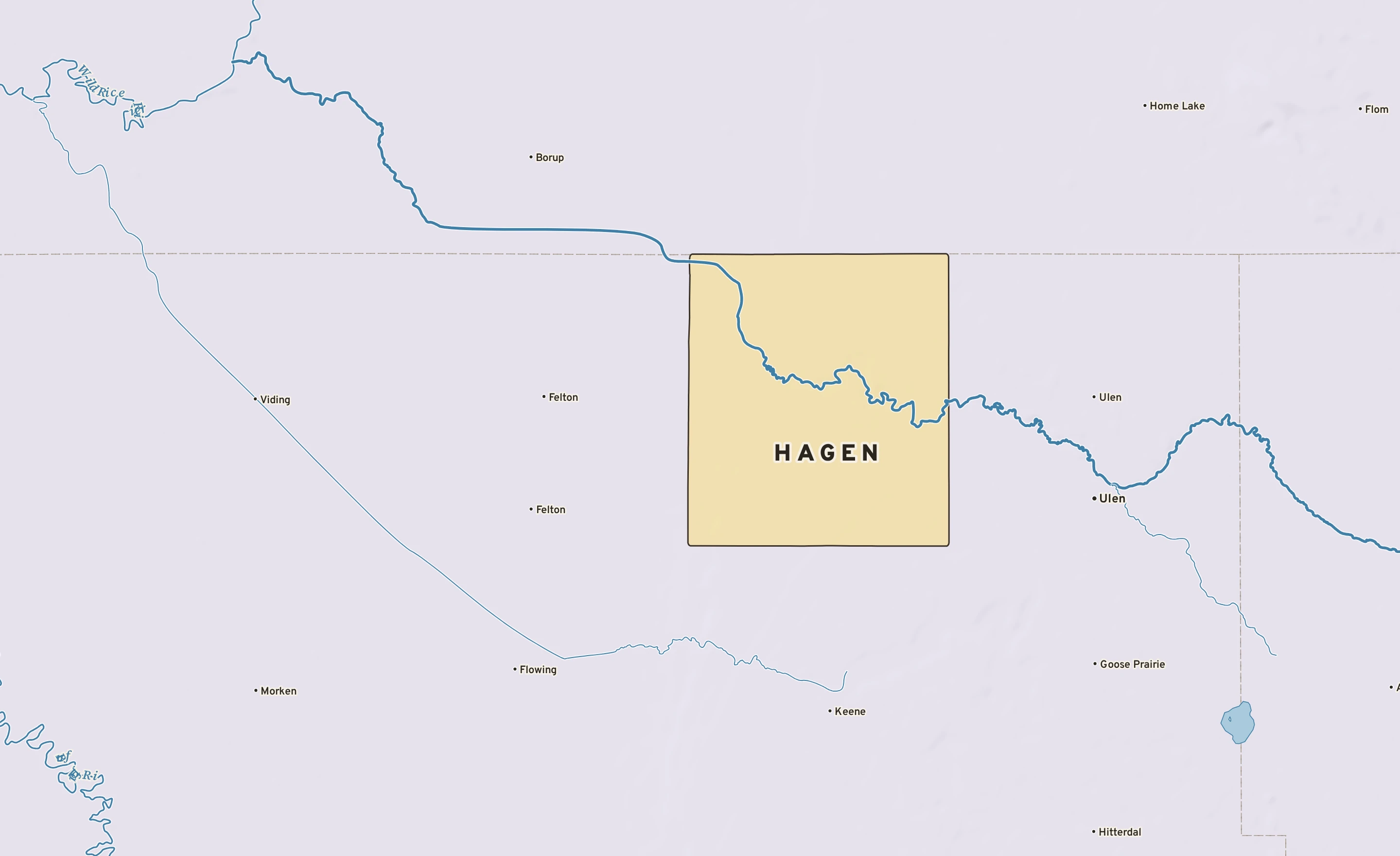 Shaded-relief atlas plate of Hagen, Minnesota: rivers, roads, the city limits and where the water drains.