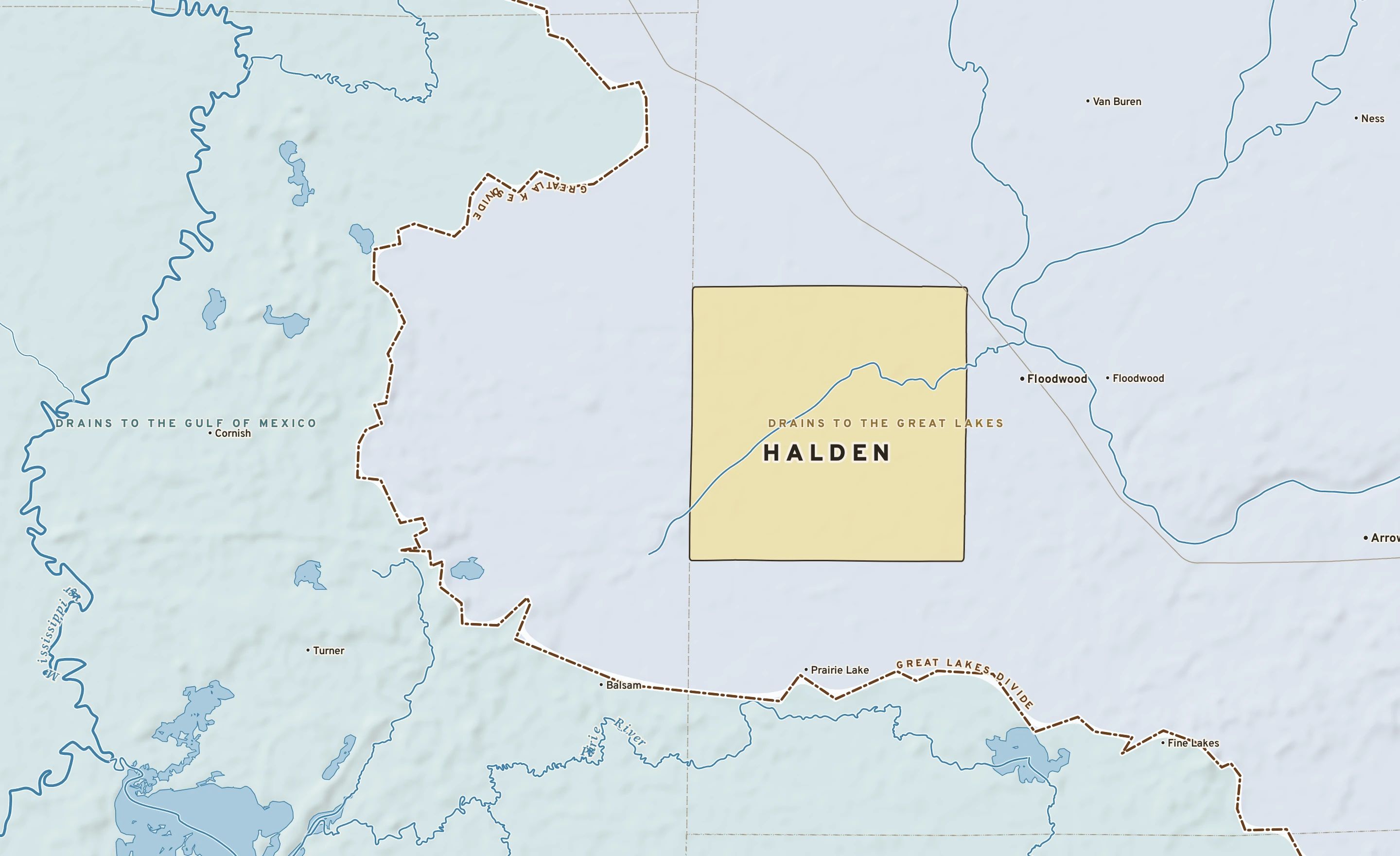 Shaded-relief atlas plate of Halden, Minnesota: rivers, roads, the city limits and where the water drains.