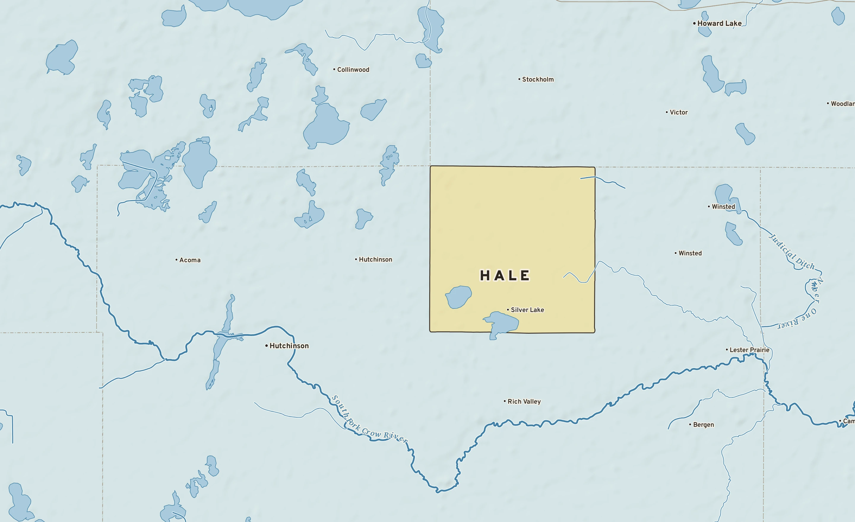 Shaded-relief atlas plate of Hale, Minnesota: rivers, roads, the city limits and where the water drains.