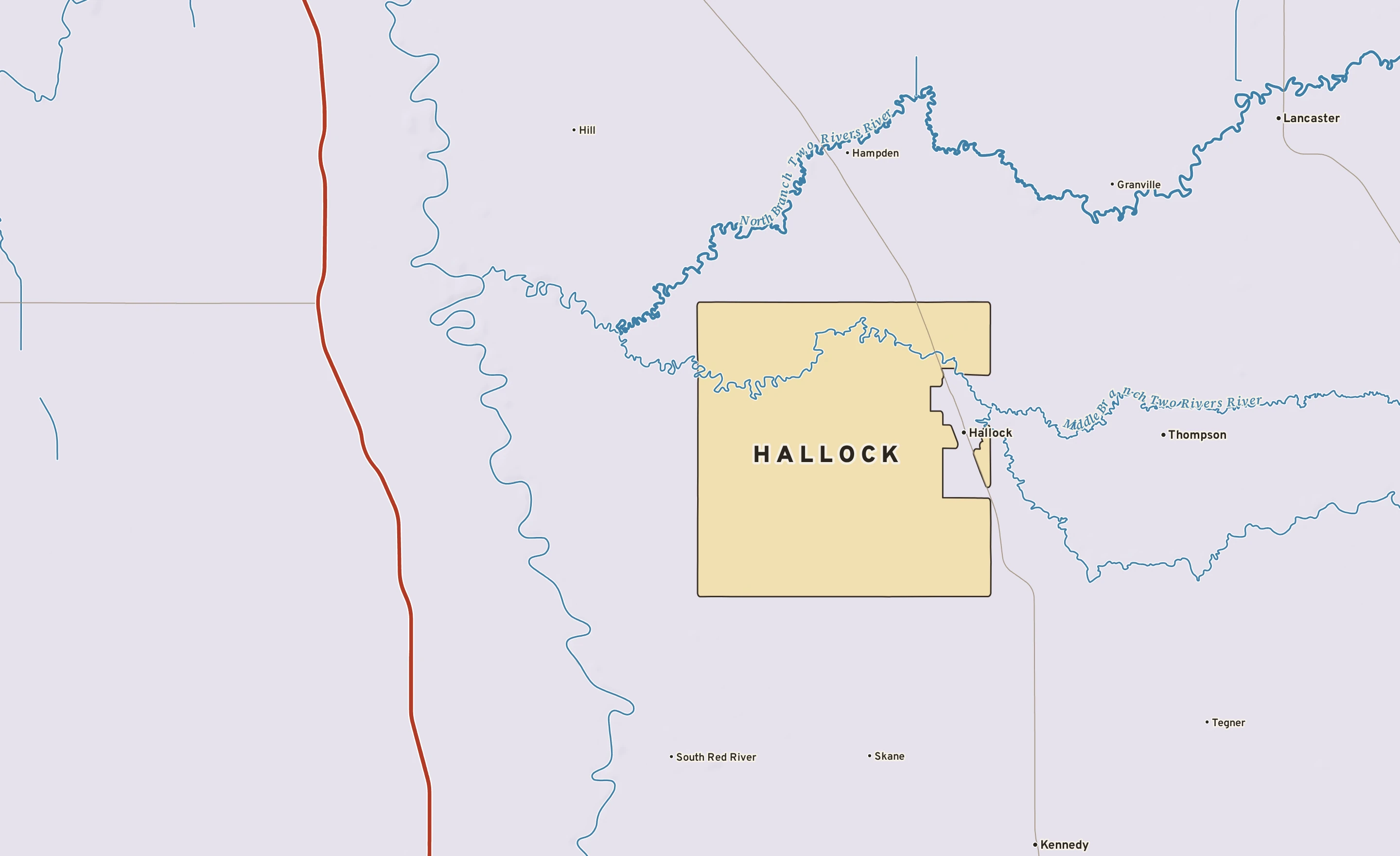 Shaded-relief atlas plate of Hallock, Minnesota: rivers, roads, the city limits and where the water drains.