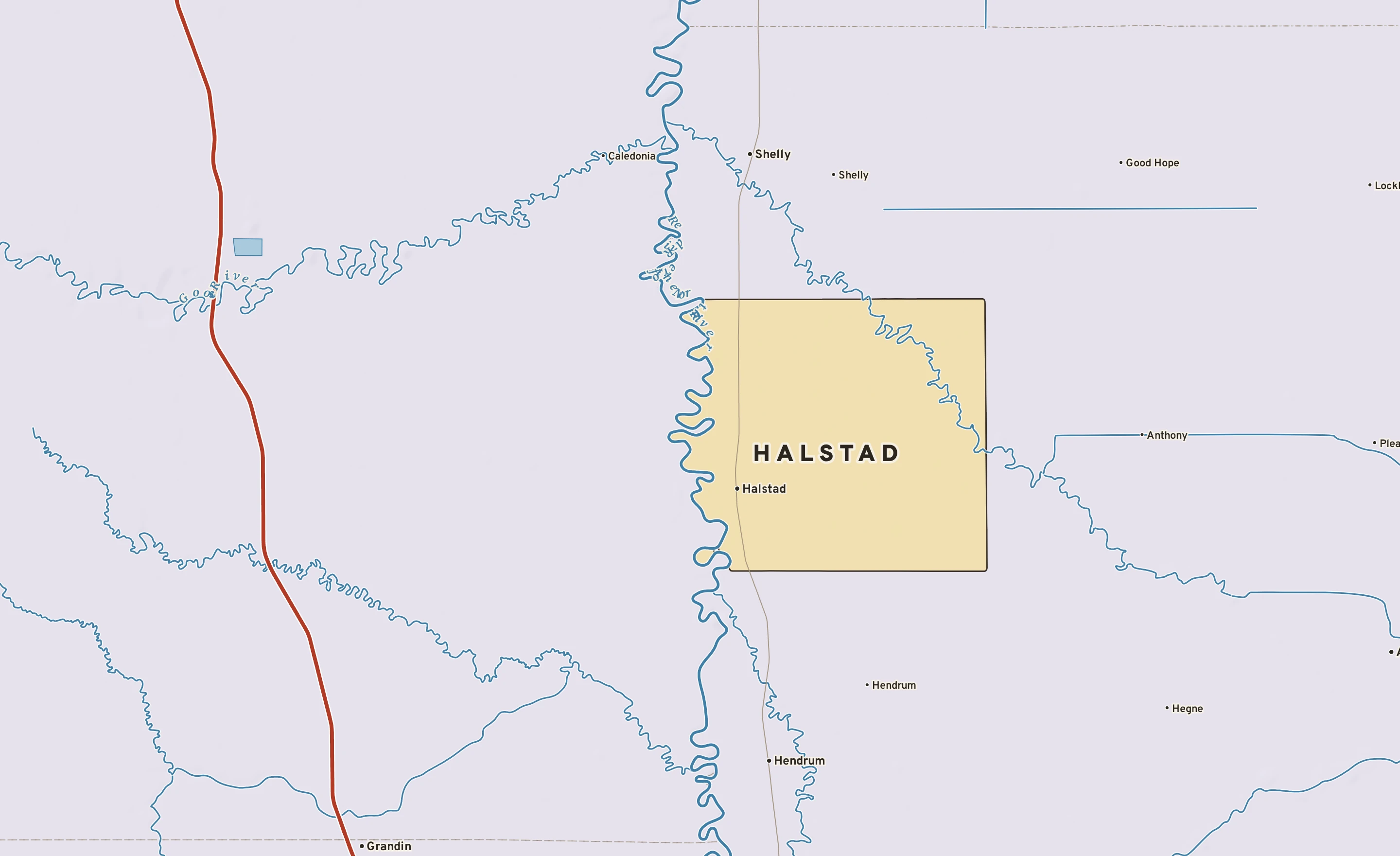 Shaded-relief atlas plate of Halstad, Minnesota: rivers, roads, the city limits and where the water drains.