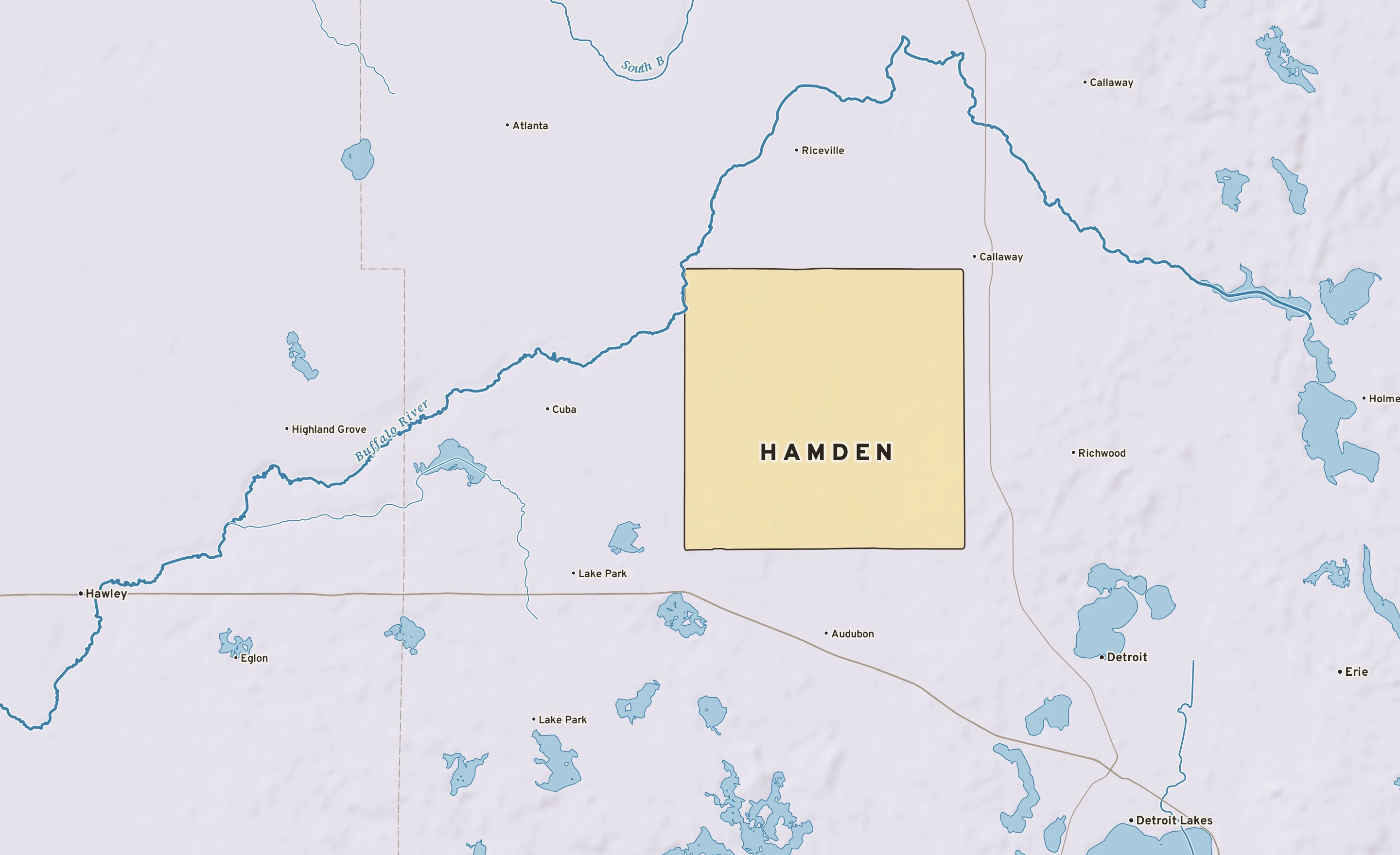 Shaded-relief atlas plate of Hamden, Minnesota: rivers, roads, the city limits and where the water drains.
