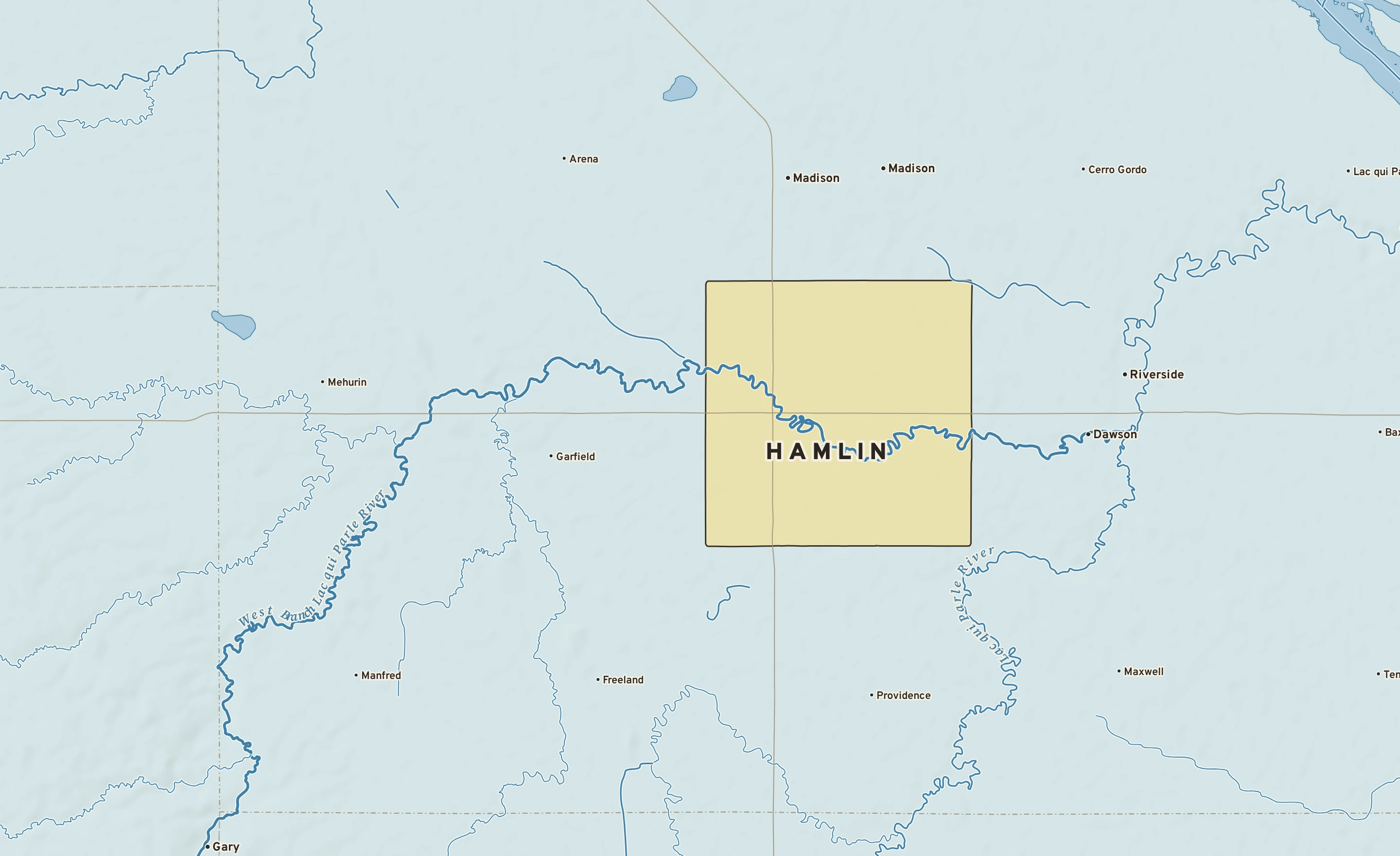Shaded-relief atlas plate of Hamlin, Minnesota: rivers, roads, the city limits and where the water drains.