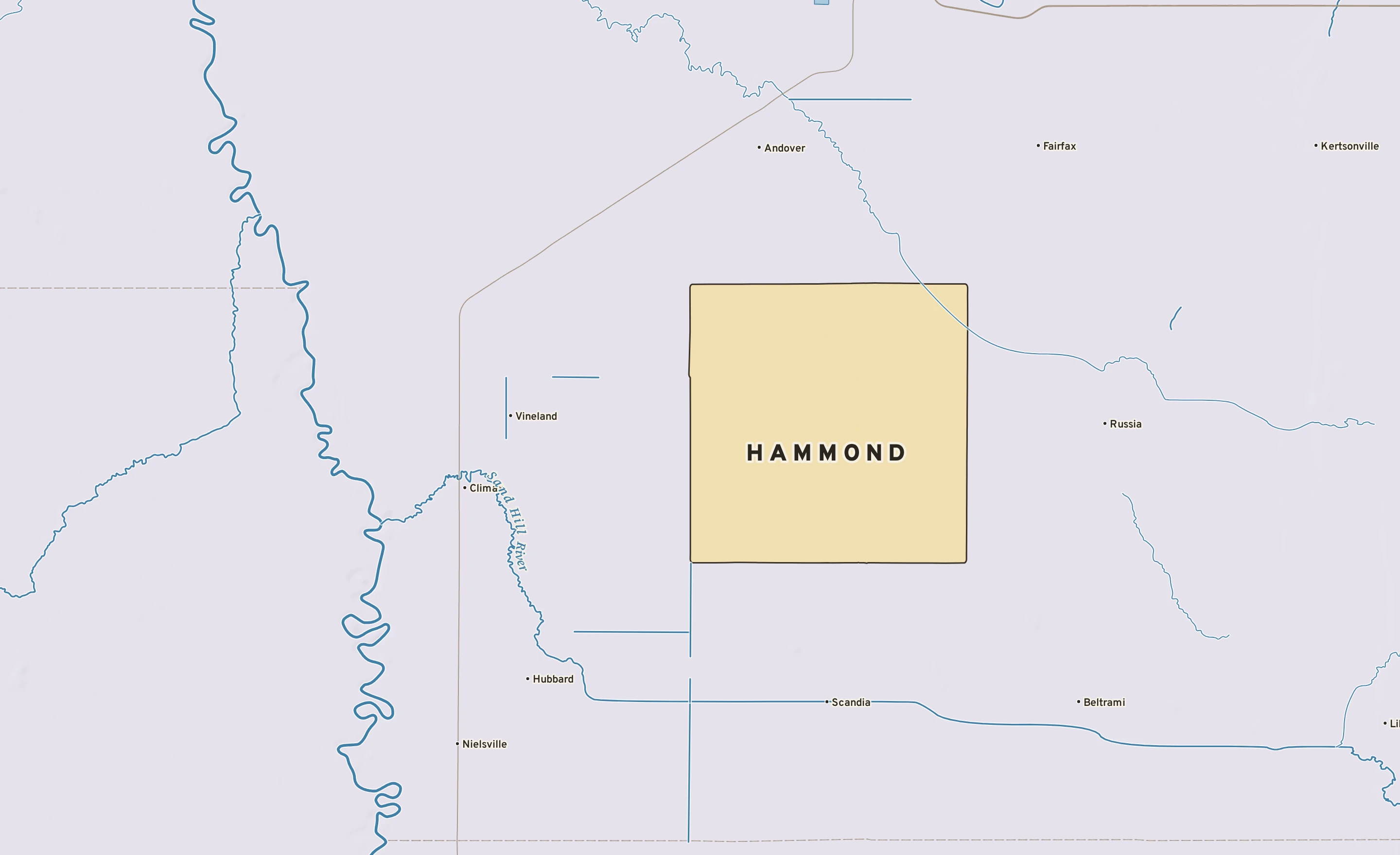 Shaded-relief atlas plate of Hammond, Minnesota: rivers, roads, the city limits and where the water drains.