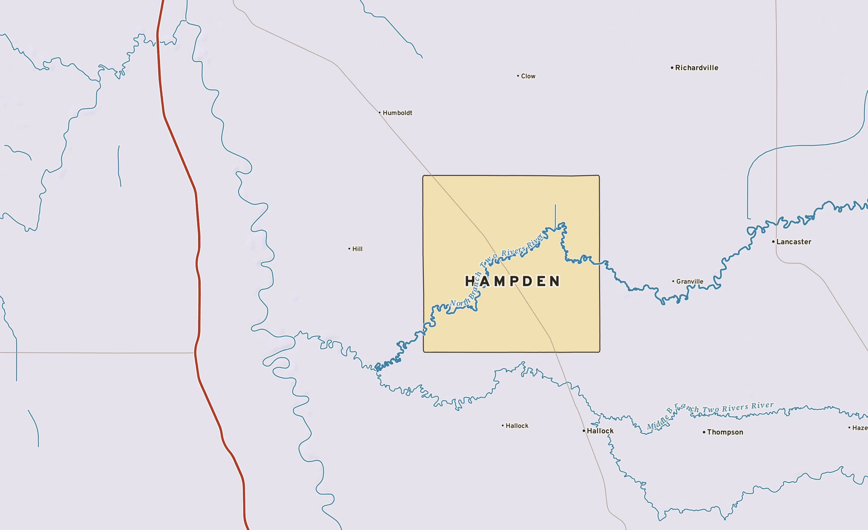 Shaded-relief atlas plate of Hampden, Minnesota: rivers, roads, the city limits and where the water drains.