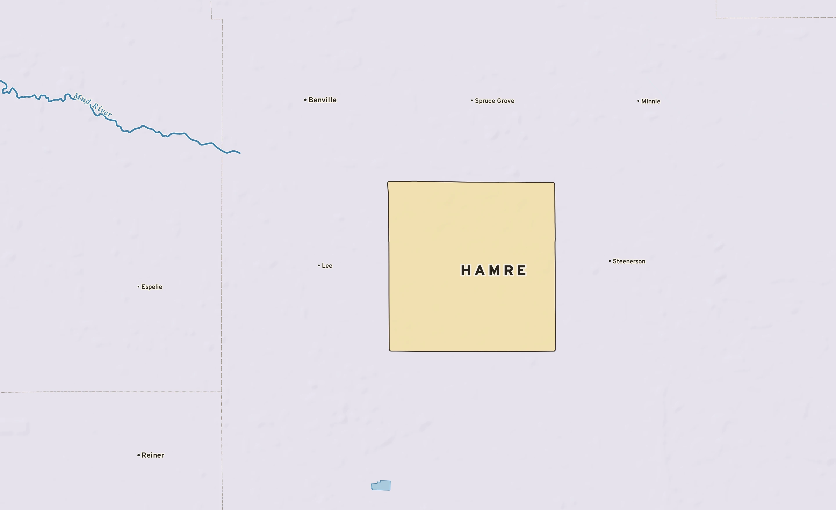 Shaded-relief atlas plate of Hamre, Minnesota: rivers, roads, the city limits and where the water drains.