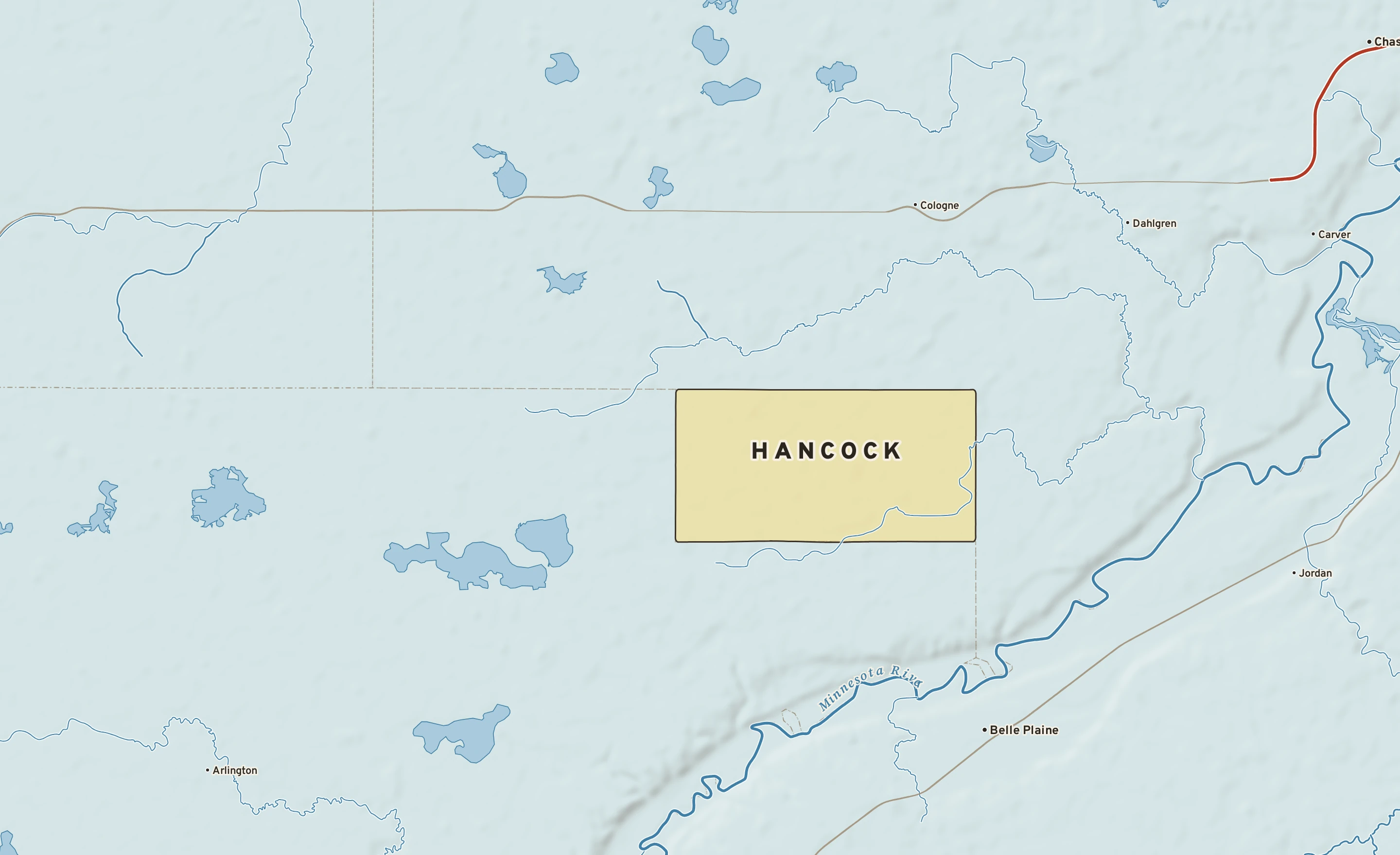 Shaded-relief atlas plate of Hancock, Minnesota: rivers, roads, the city limits and where the water drains.