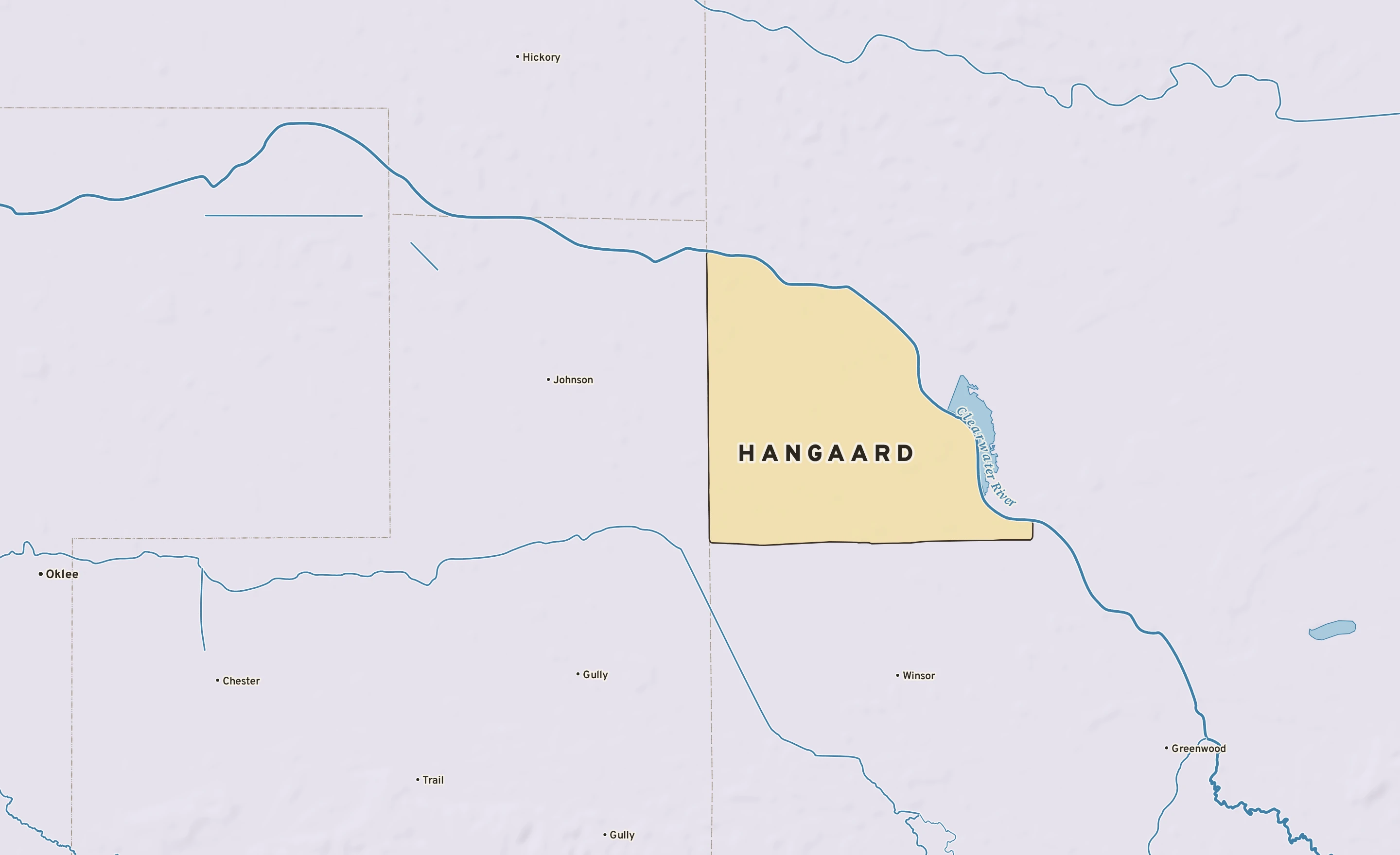 Shaded-relief atlas plate of Hangaard, Minnesota: rivers, roads, the city limits and where the water drains.