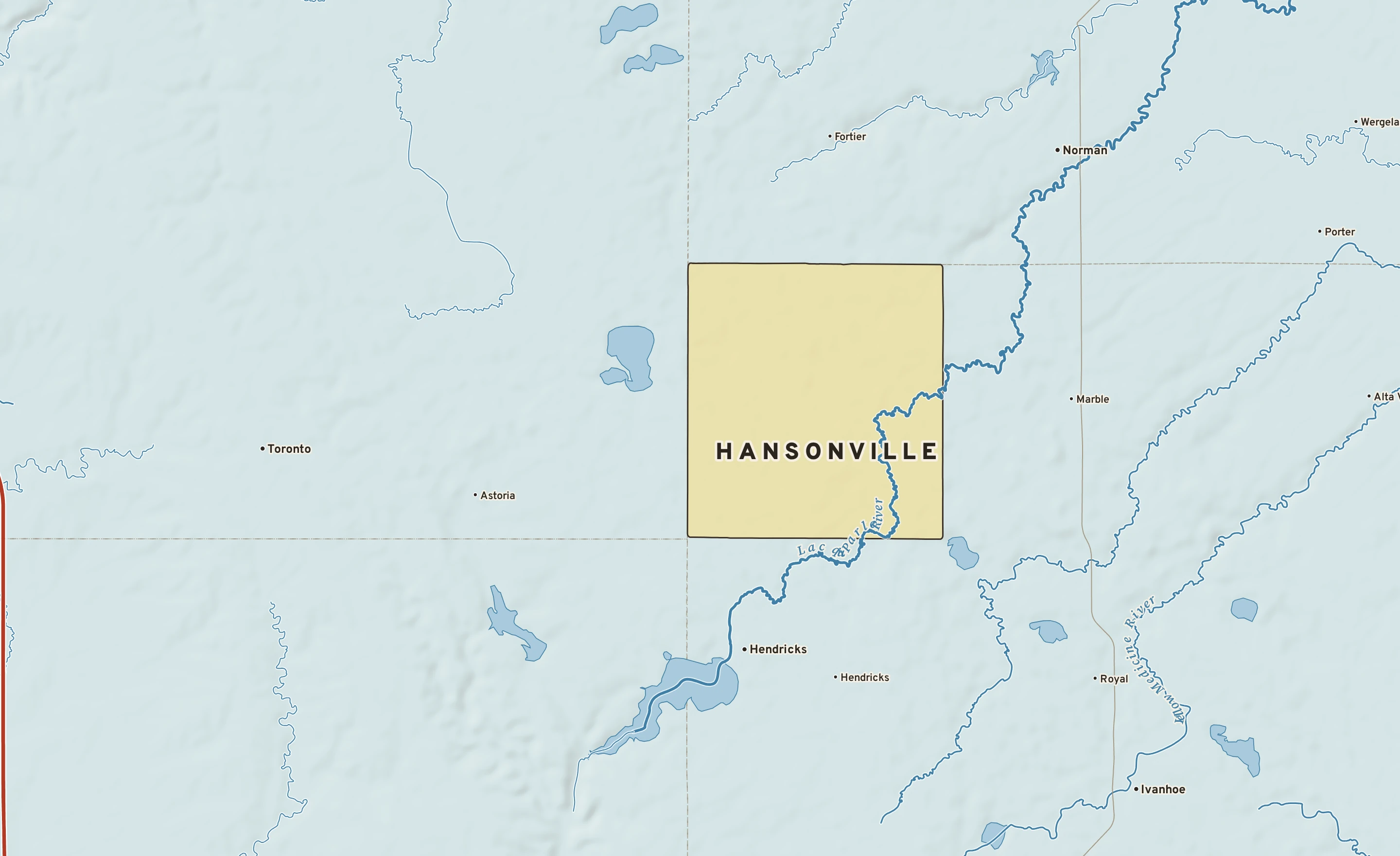 Shaded-relief atlas plate of Hansonville, Minnesota: rivers, roads, the city limits and where the water drains.