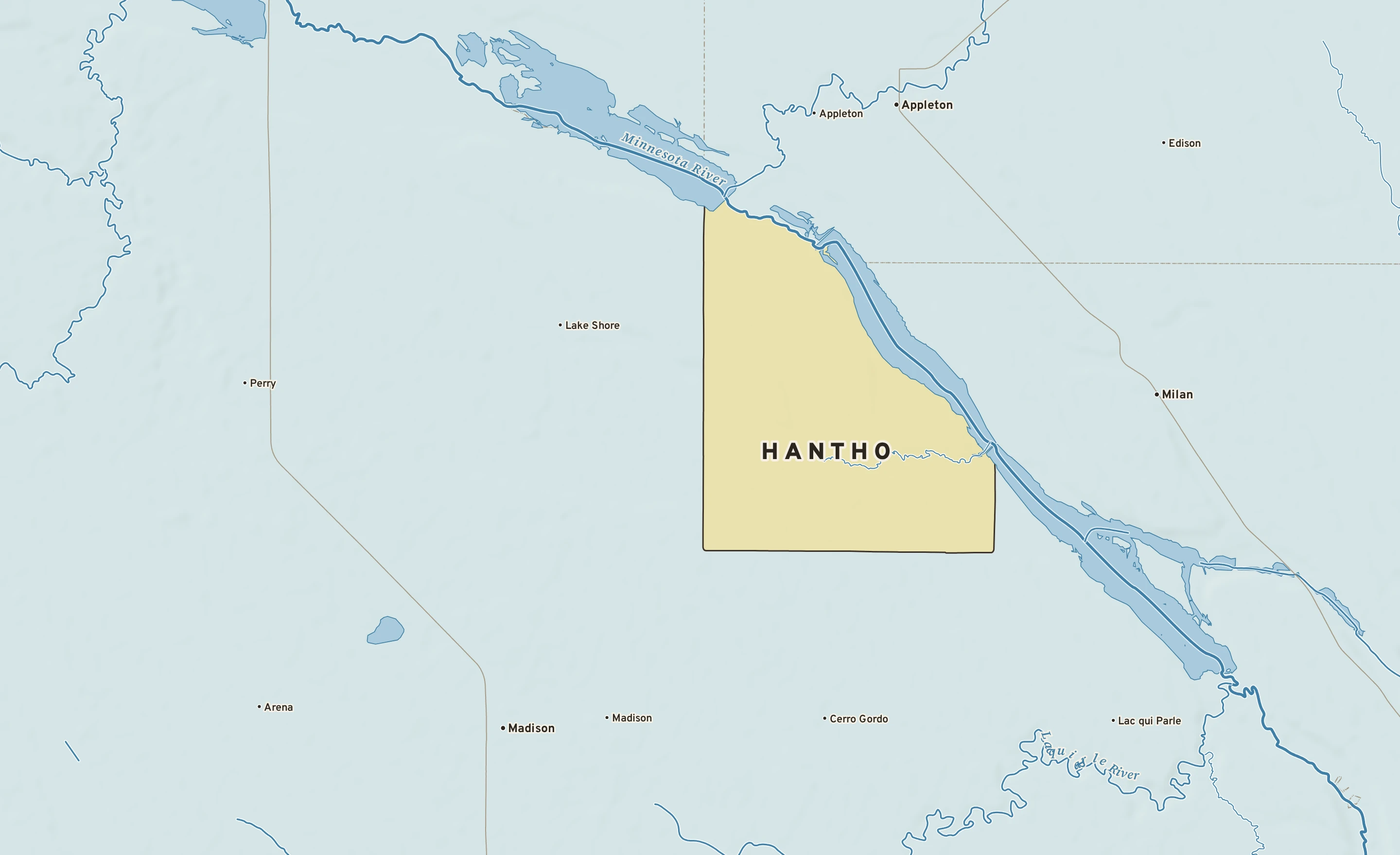 Shaded-relief atlas plate of Hantho, Minnesota: rivers, roads, the city limits and where the water drains.