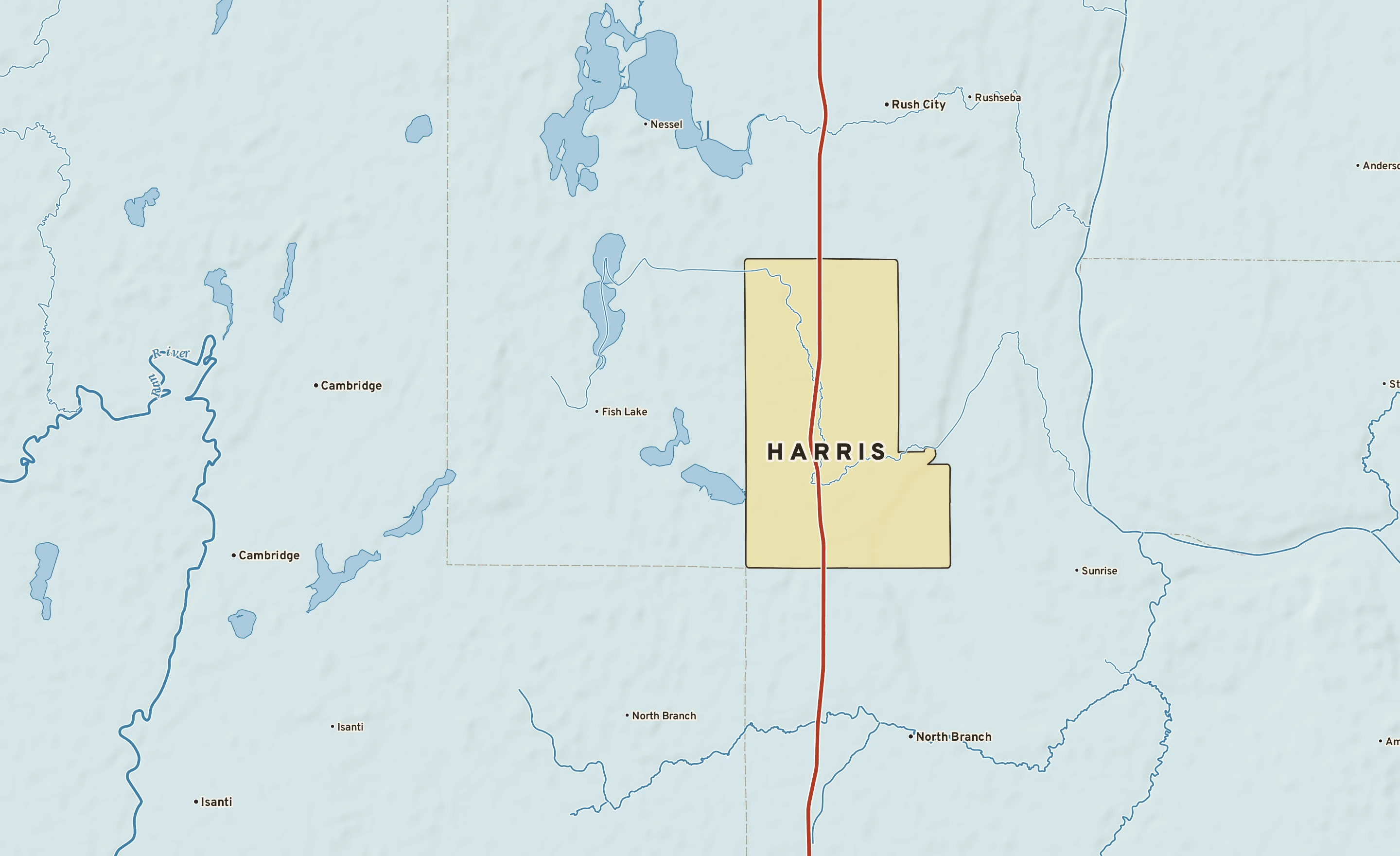 Shaded-relief atlas plate of Harris, Minnesota: rivers, roads, the city limits and where the water drains.