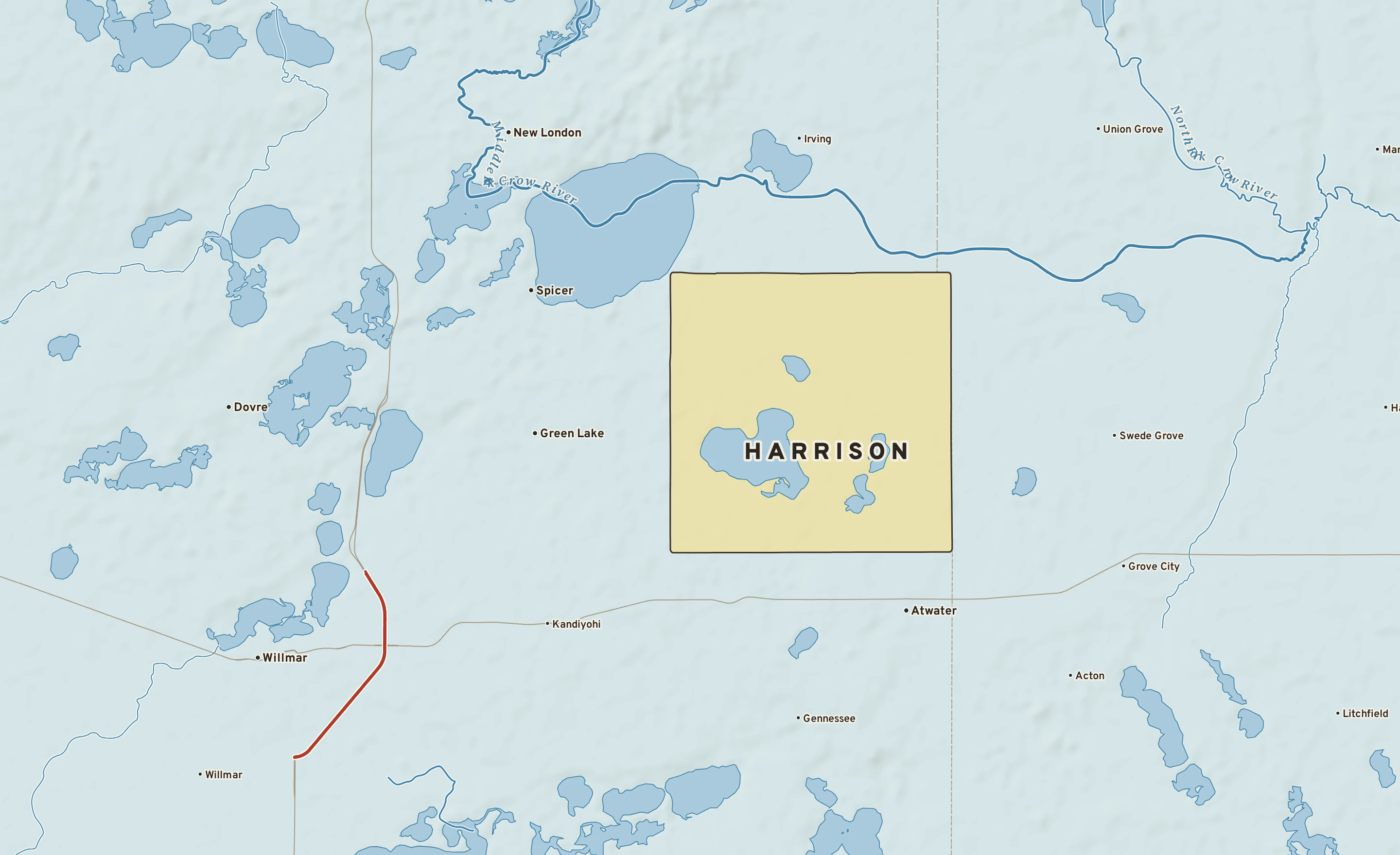 Shaded-relief atlas plate of Harrison, Minnesota: rivers, roads, the city limits and where the water drains.