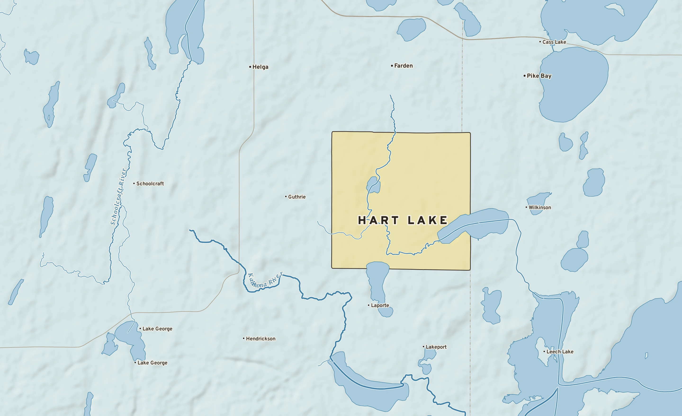 Shaded-relief atlas plate of Hart Lake, Minnesota: rivers, roads, the city limits and where the water drains.