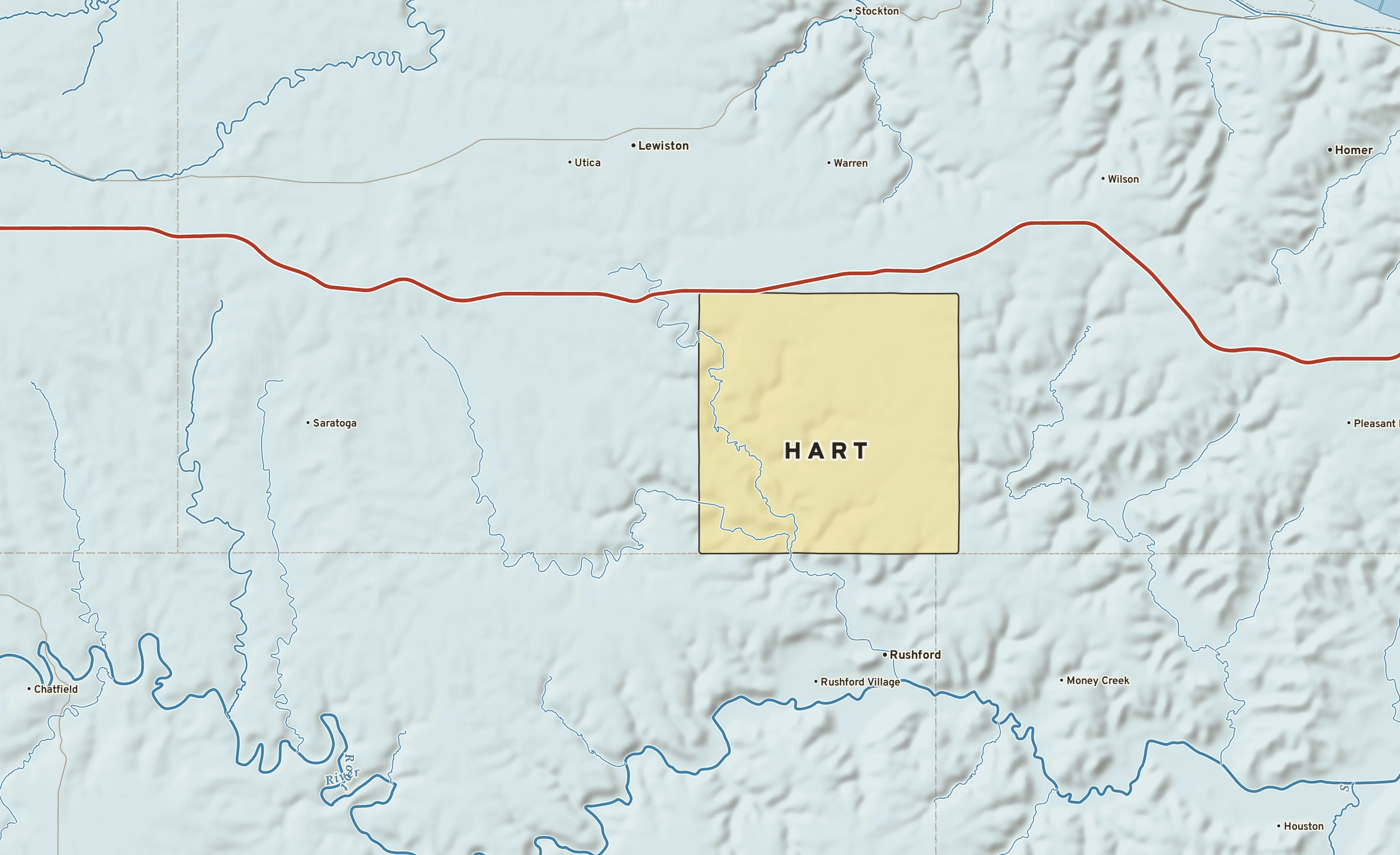 Shaded-relief atlas plate of Hart, Minnesota: rivers, roads, the city limits and where the water drains.