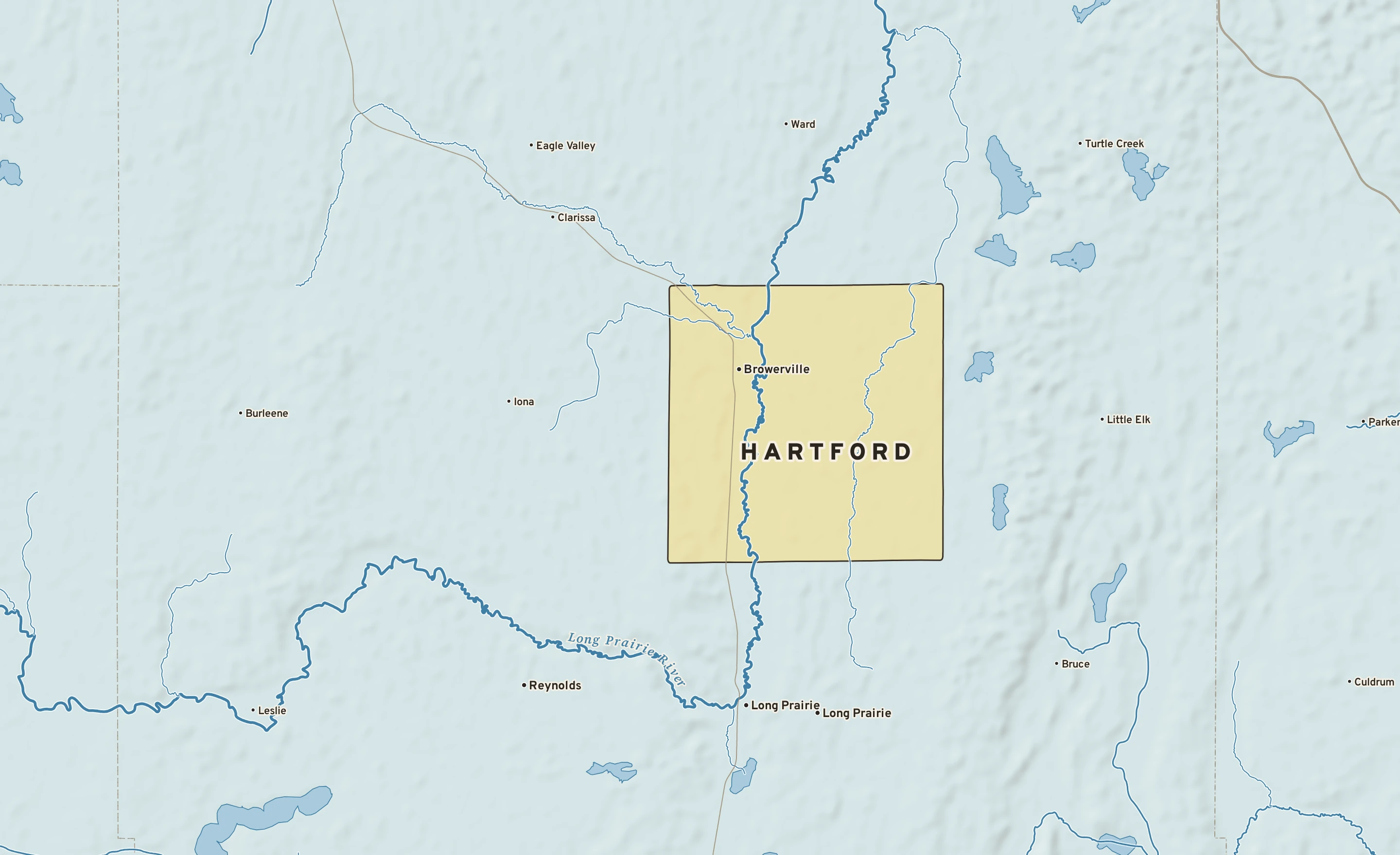 Shaded-relief atlas plate of Hartford, Minnesota: rivers, roads, the city limits and where the water drains.