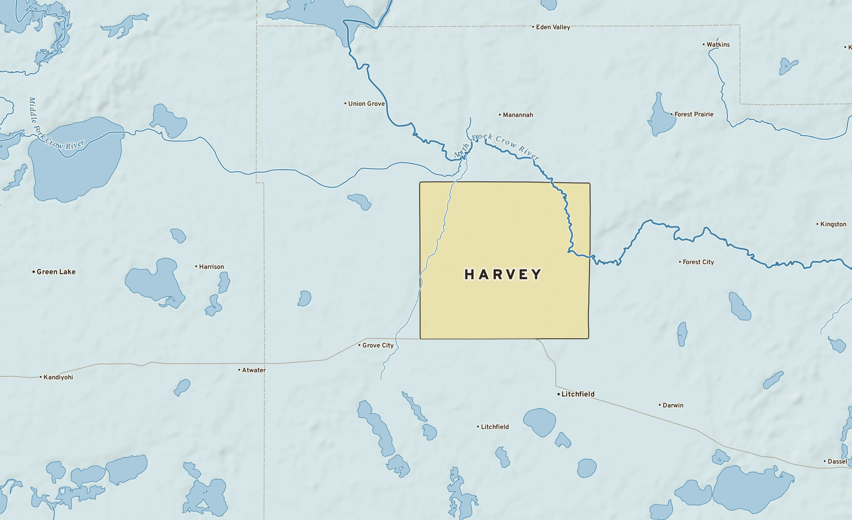 Shaded-relief atlas plate of Harvey, Minnesota: rivers, roads, the city limits and where the water drains.