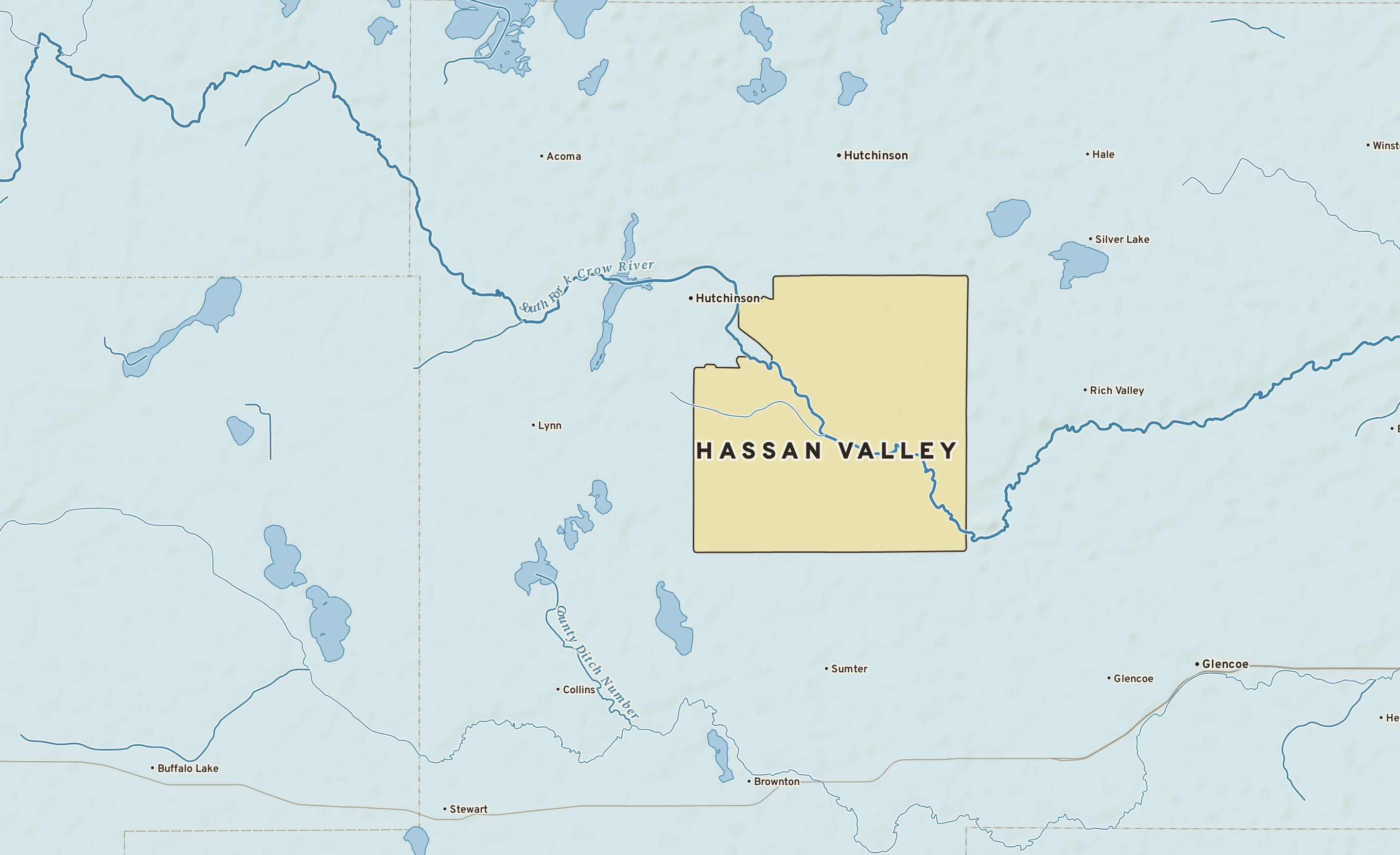 Shaded-relief atlas plate of Hassan Valley, Minnesota: rivers, roads, the city limits and where the water drains.