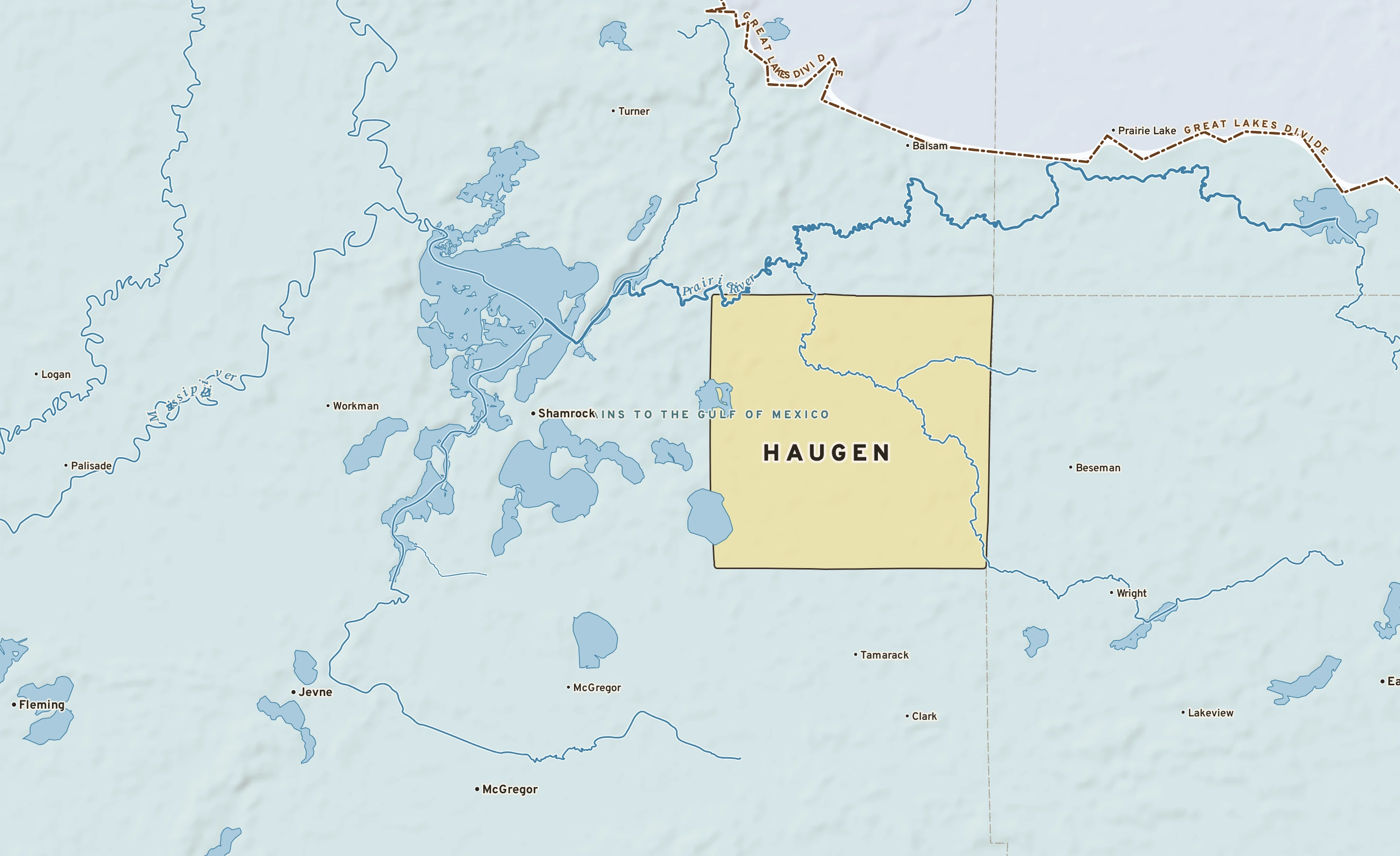 Shaded-relief atlas plate of Haugen, Minnesota: rivers, roads, the city limits and where the water drains.