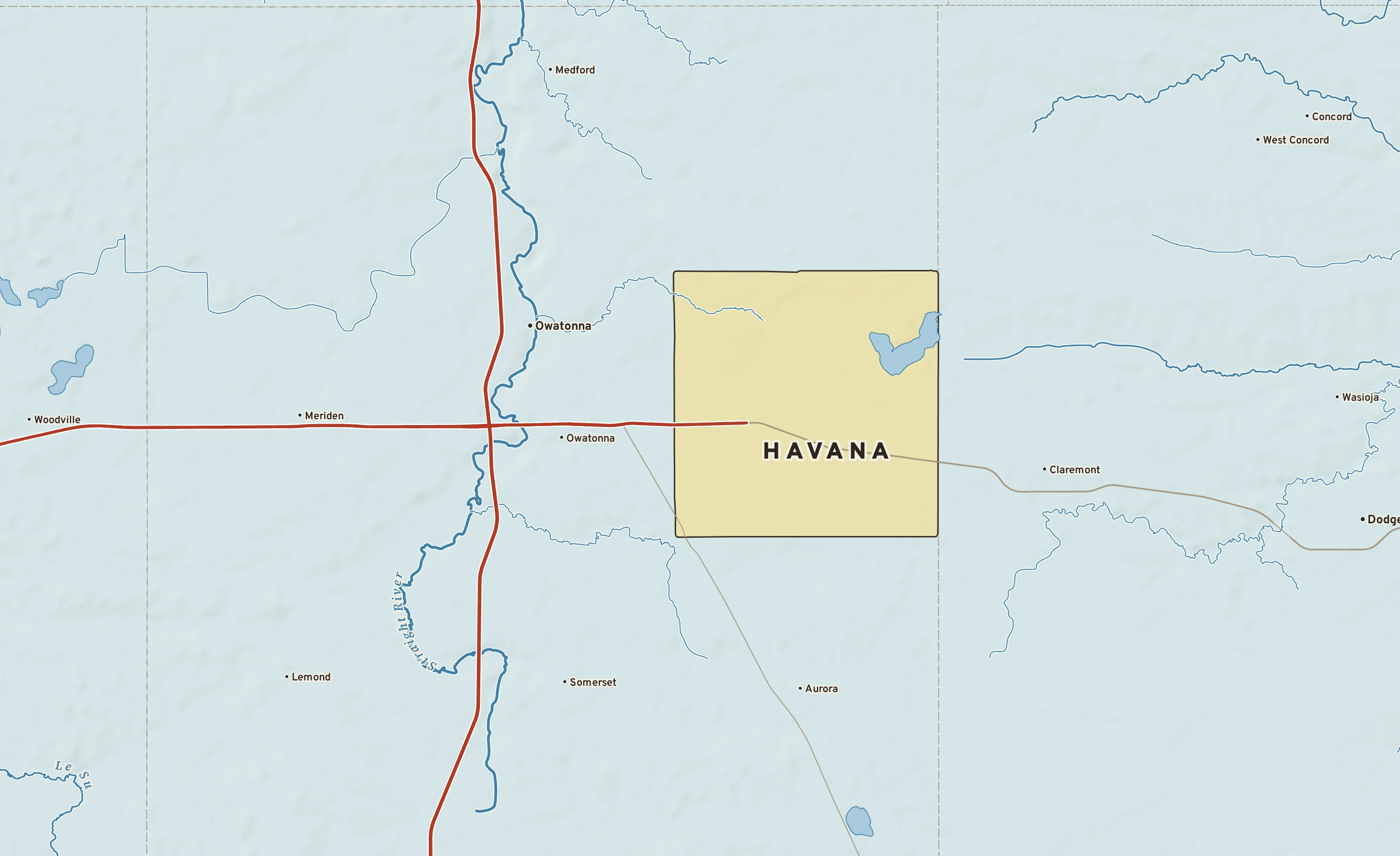 Shaded-relief atlas plate of Havana, Minnesota: rivers, roads, the city limits and where the water drains.