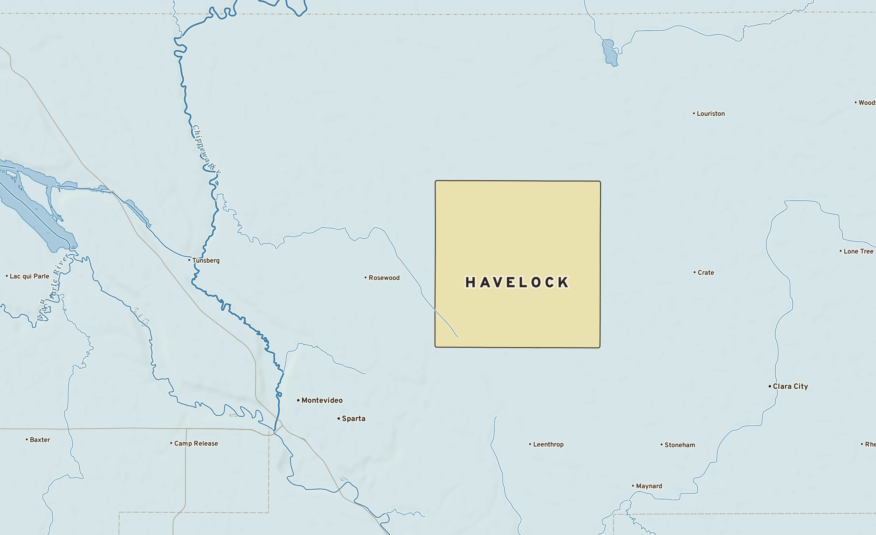 Shaded-relief atlas plate of Havelock, Minnesota: rivers, roads, the city limits and where the water drains.