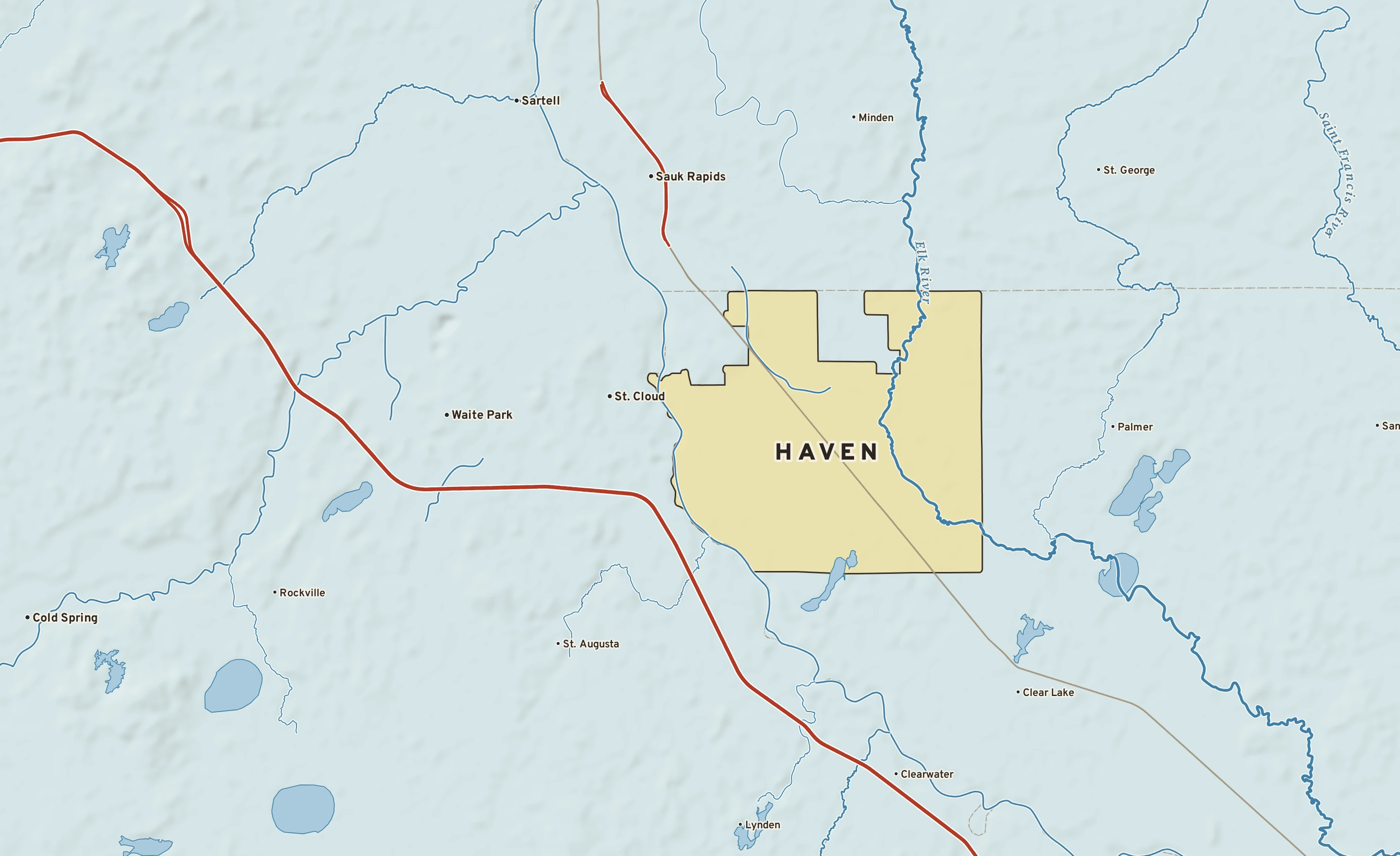 Shaded-relief atlas plate of Haven, Minnesota: rivers, roads, the city limits and where the water drains.