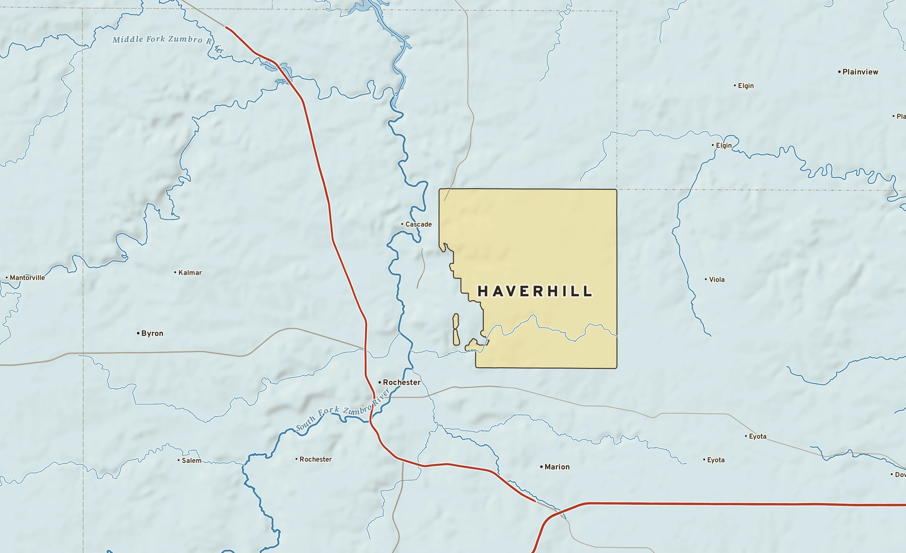 Shaded-relief atlas plate of Haverhill, Minnesota: rivers, roads, the city limits and where the water drains.