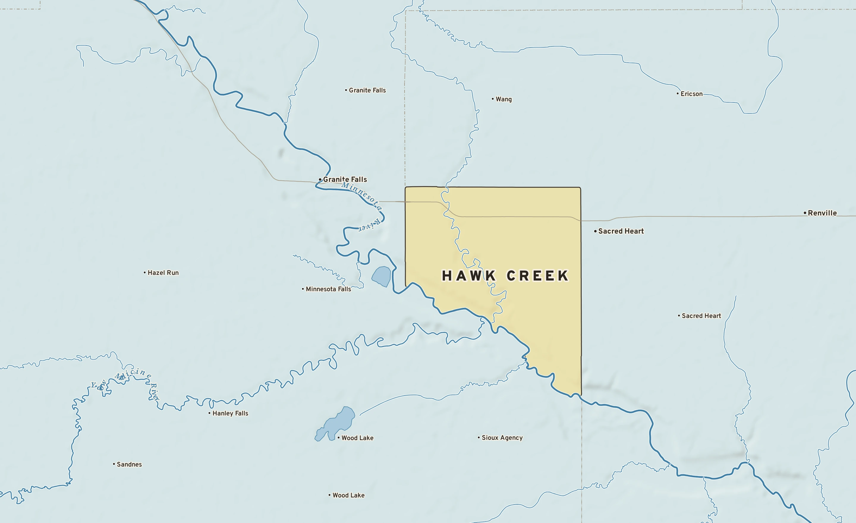 Shaded-relief atlas plate of Hawk Creek, Minnesota: rivers, roads, the city limits and where the water drains.
