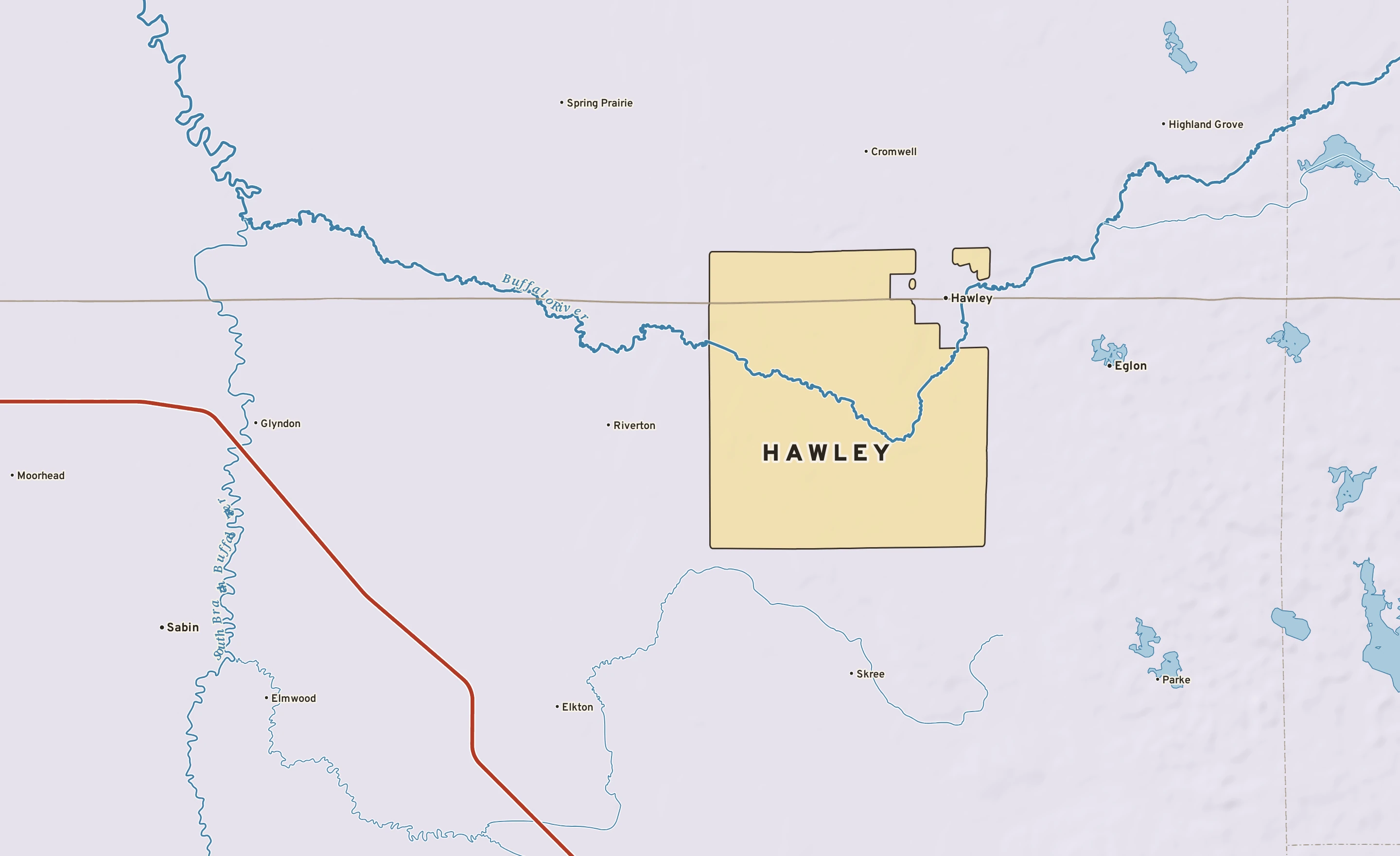 Shaded-relief atlas plate of Hawley, Minnesota: rivers, roads, the city limits and where the water drains.