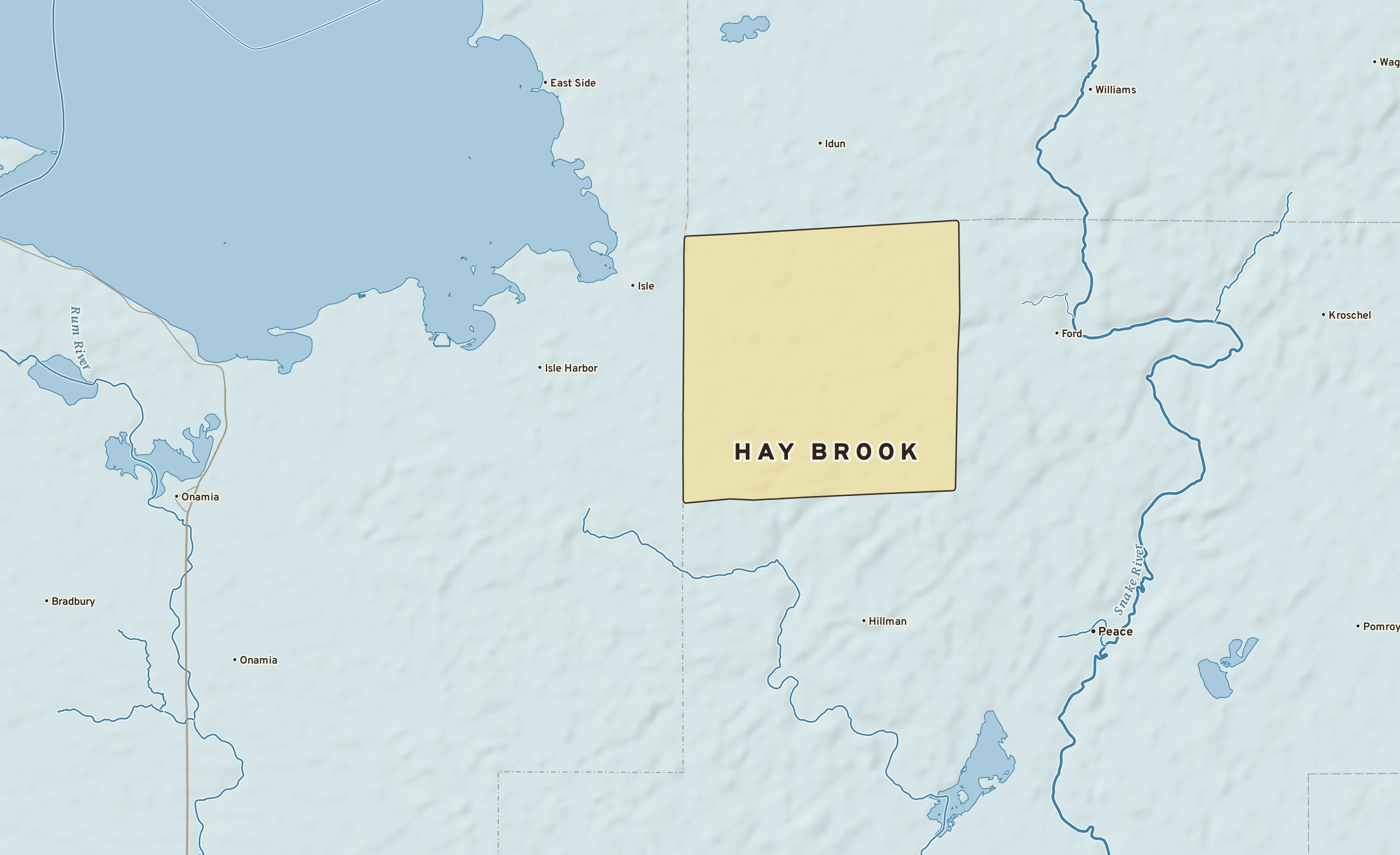Shaded-relief atlas plate of Hay Brook, Minnesota: rivers, roads, the city limits and where the water drains.