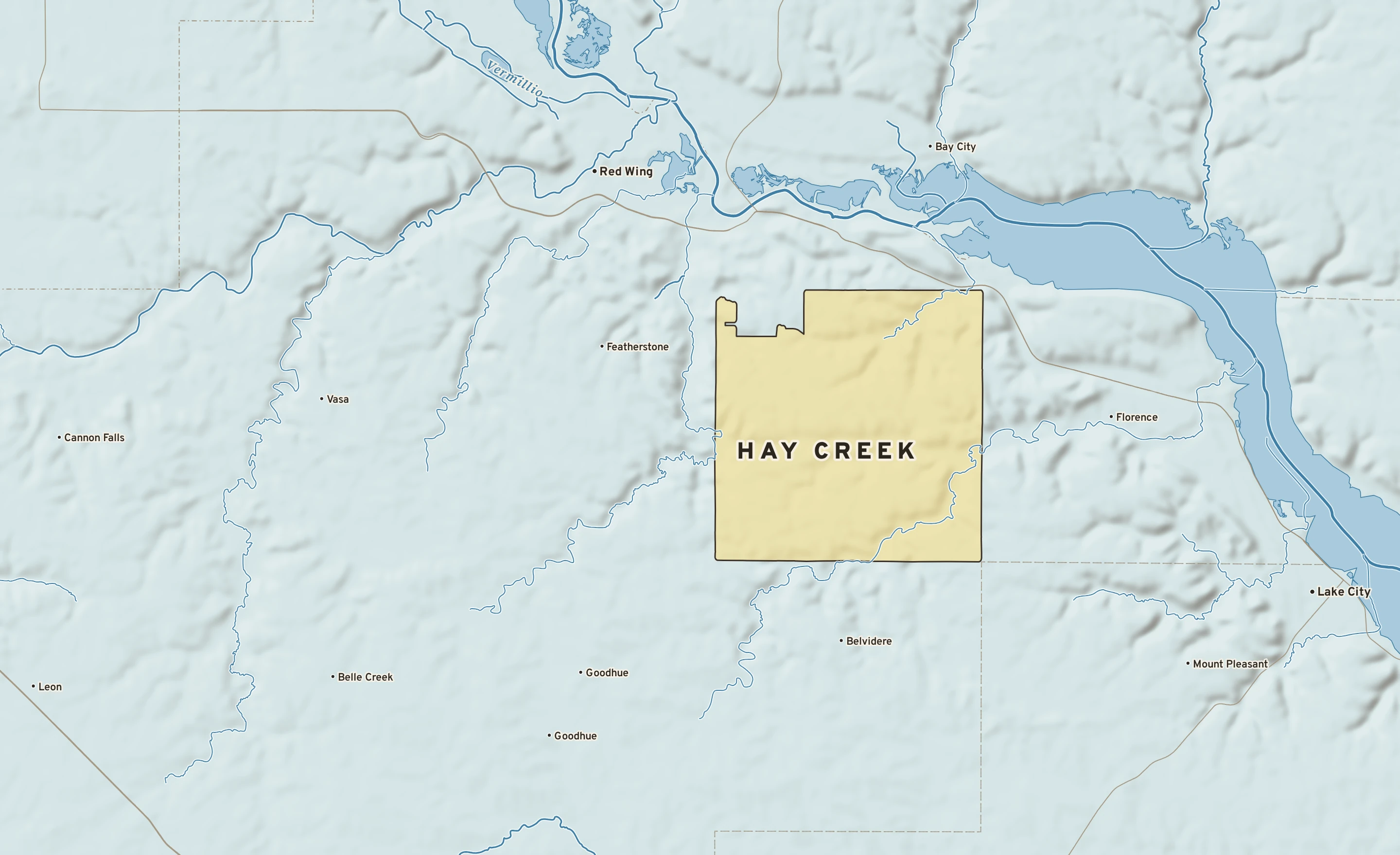 Shaded-relief atlas plate of Hay Creek, Minnesota: rivers, roads, the city limits and where the water drains.